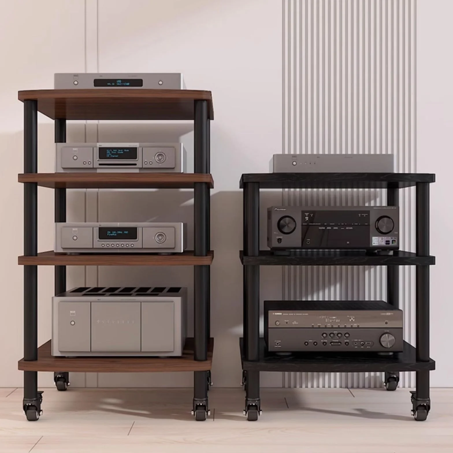 Soporte para AV de 4 niveles y estante de reproducción de discos de nogal, elegante gabinete de madera para discos de vinilo, consolas de juegos y equipos de audio, estantes ajustables, centro de