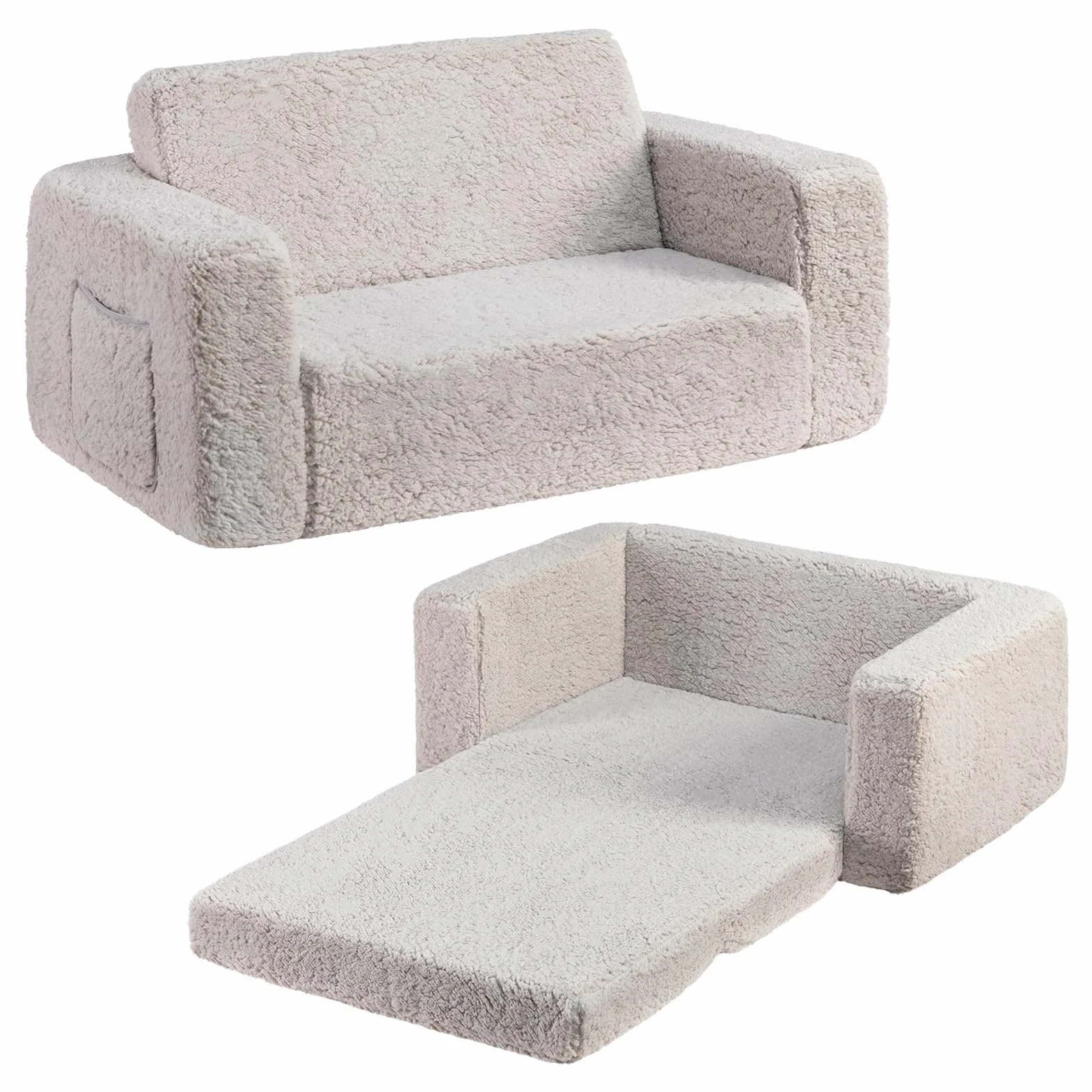 Sofá cama infantil BEJOY, extra ancho 2 en 1, sofá suave con sherpa para niños, convertible de cama infantil a tumbona para niñas y niños, gris claro
