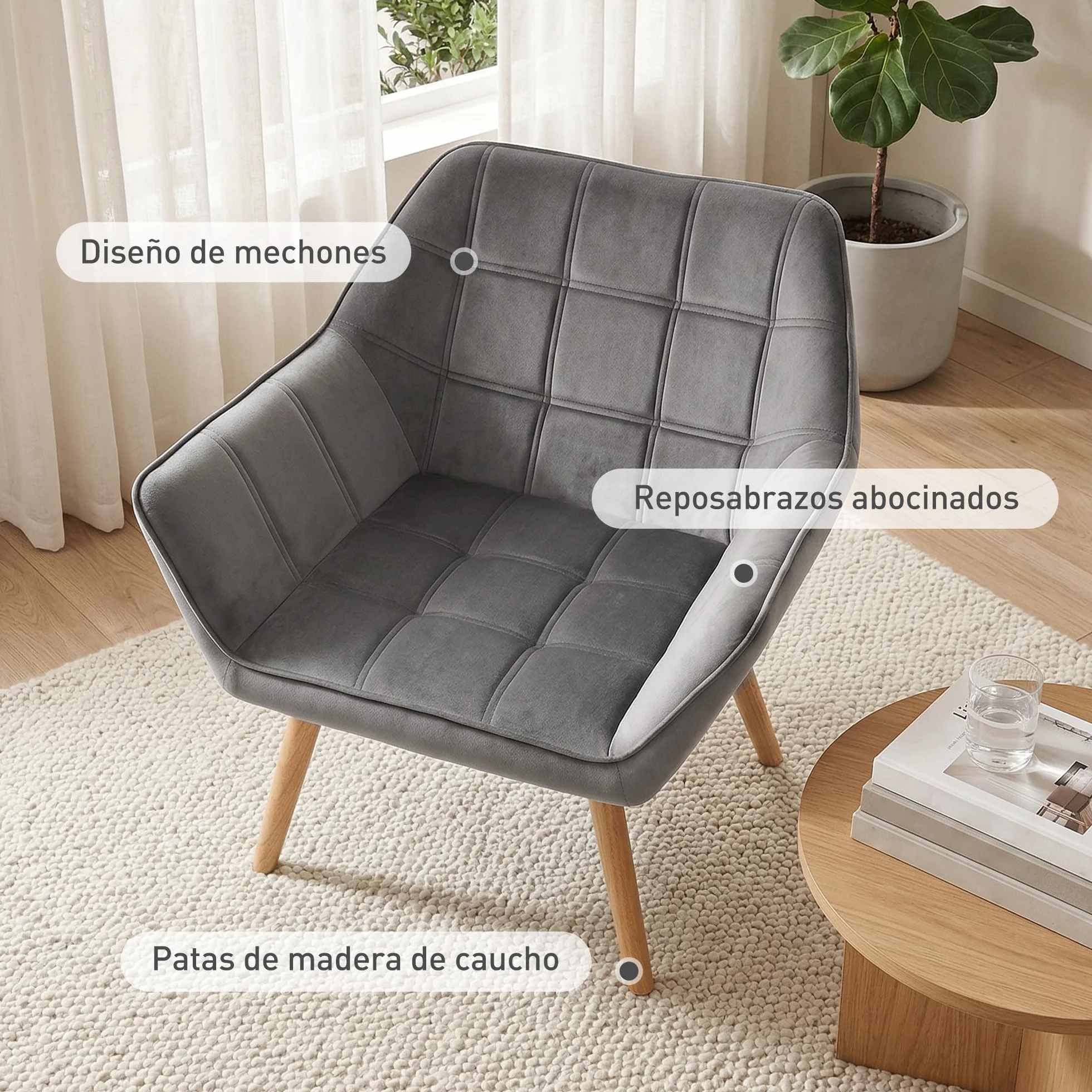 HOMCOM Butaca de Salón Moderna, Sillón Lectura Tapizado en Terciopelo con Patas de Madera, Fácil Montaje, Sillón Relax para Sala de Estar, Dormitorio y Balcón, Gris