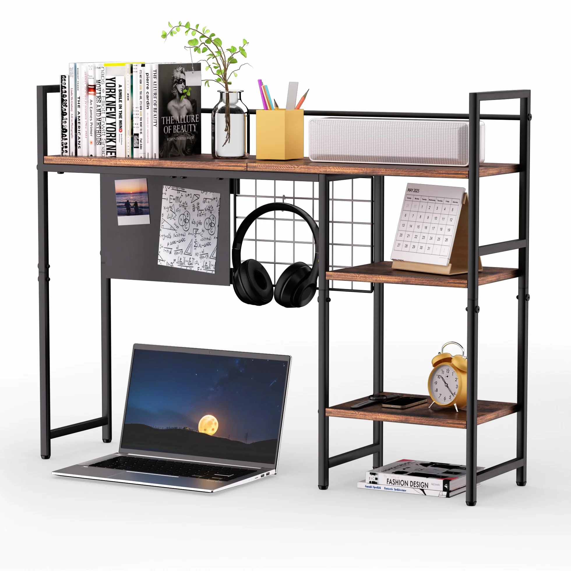 Estantería de escritorio de 3 niveles de 38.5 pulgadas, estante organizador de escritorio y soporte para monitor de computadora, almacenamiento de oficina en casa marrón oscuro