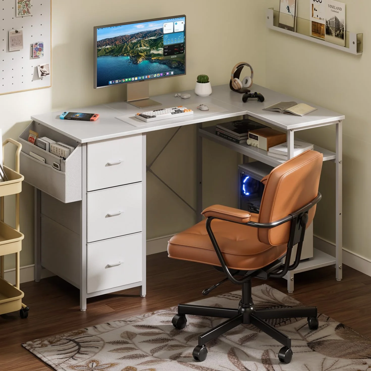 HLONONE Escritorio esquinero con 3 cajones de tela, 140 x 80 cm, escritorio para ordenador con espacio de almacenamiento, escritorio en forma de L con bolsillo lateral, mesa de ordenador con estantes