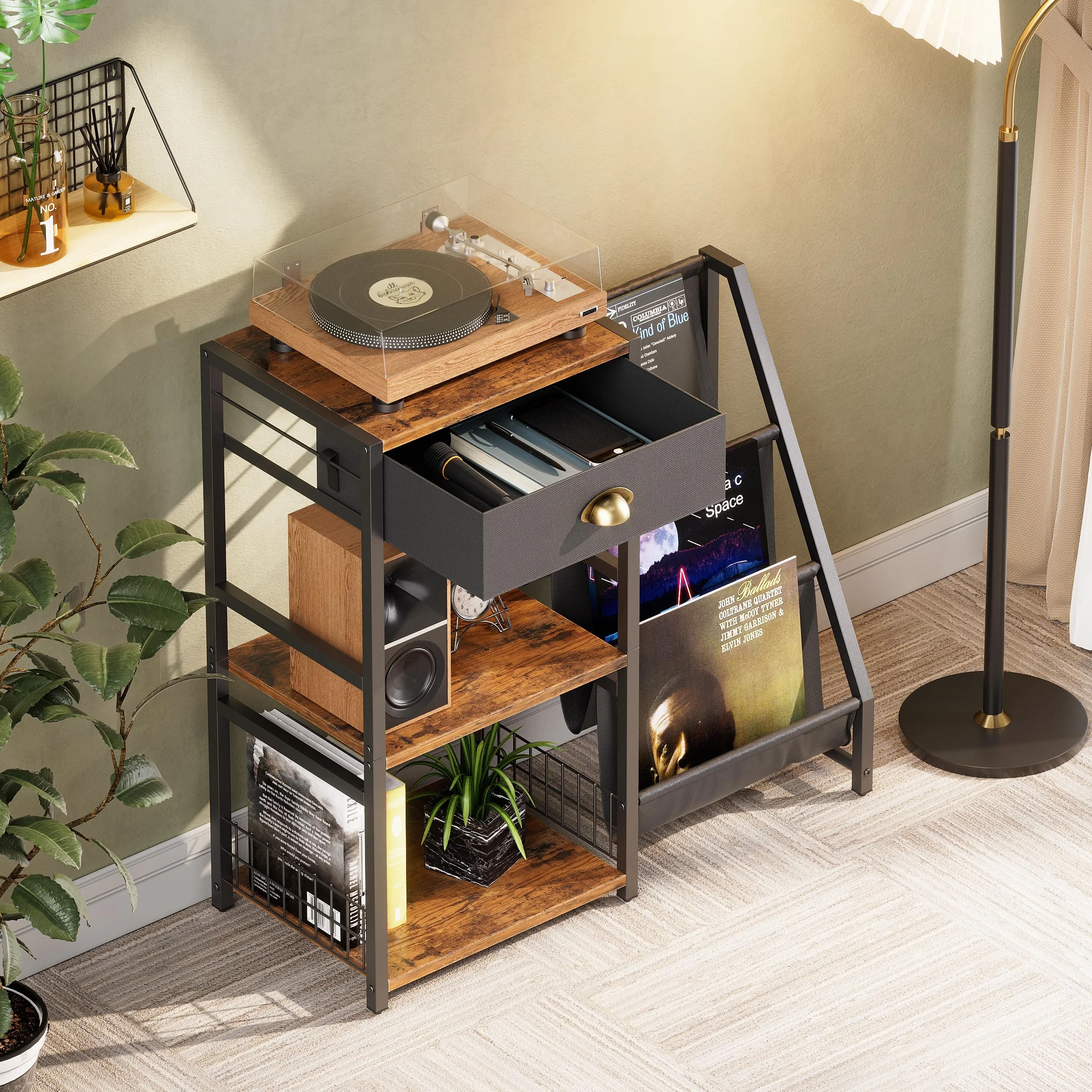 Soporte para tocadiscos de 3 niveles, mesa auxiliar vintage, estante giratorio con cajón, estantería con estante de 3 niveles de madera