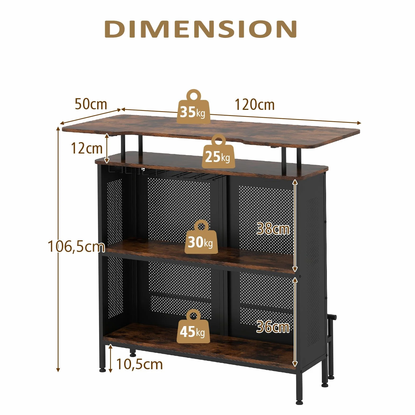 KOMFOTTEU Mesa Alta de Bar con Estante Elevado y Portavasos, Mesa Barra de Cocina de 4 Niveles de Metal, Mueble de Comedor Industrial con Patas Ajustables (Rectangular, Marrón)