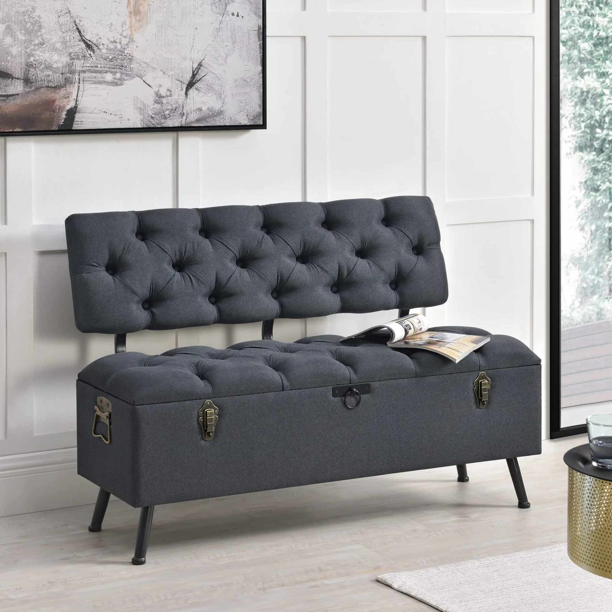 [en.casa] Banco Tapizado 110 x 48 x 75 cm Asiento Cómodo Banqueta Puf Acolchado Pasillo Salón Dormitorio Gris Oscuro