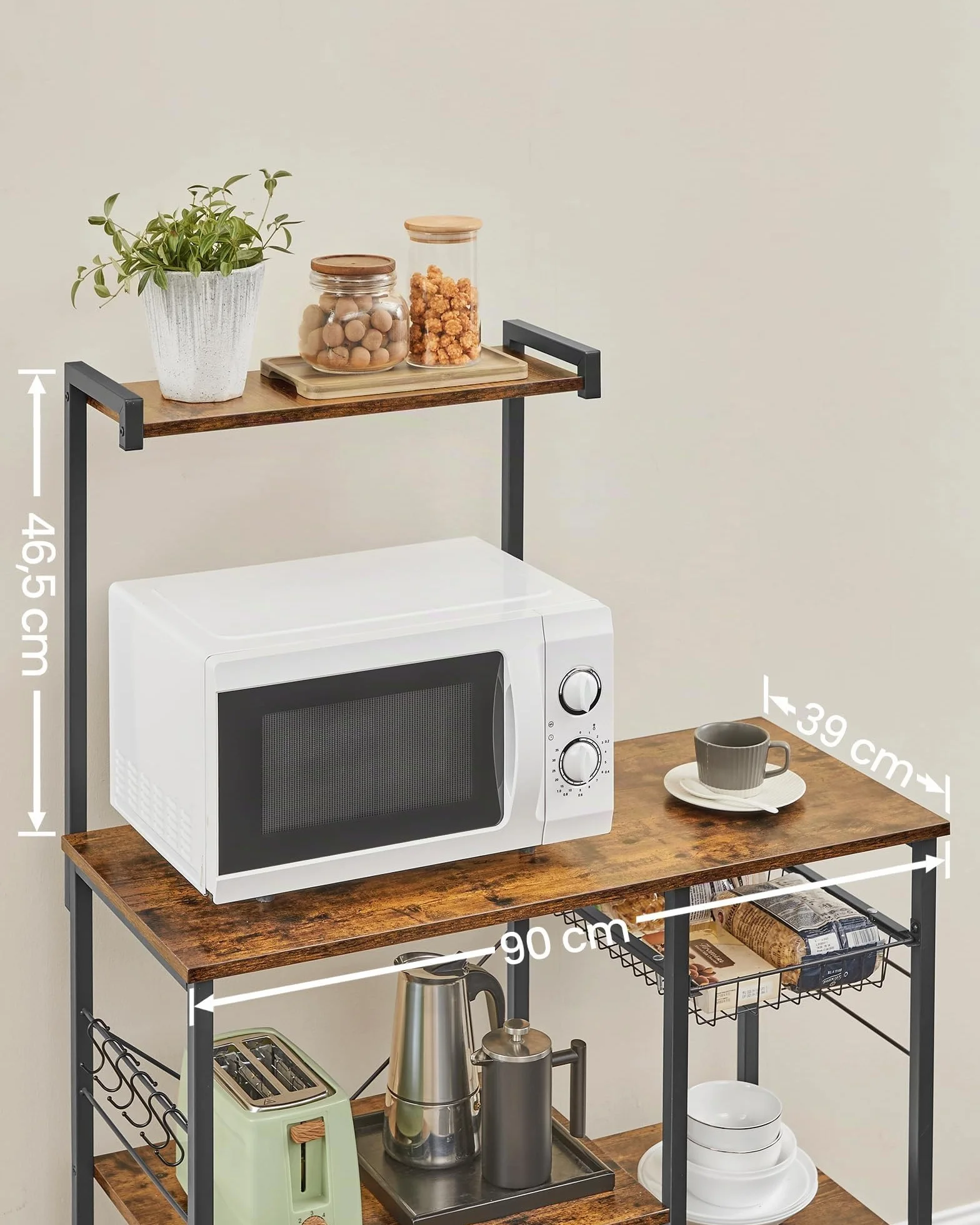 VASAGLE Estantería de Cocina, Soporte para Microondas, Cesta de Alambre, 6 Ganchos, para Especias, Ollas y Sartenes, 40 x 90 x 134 cm, Marrón Rústico, Negro KKS35X