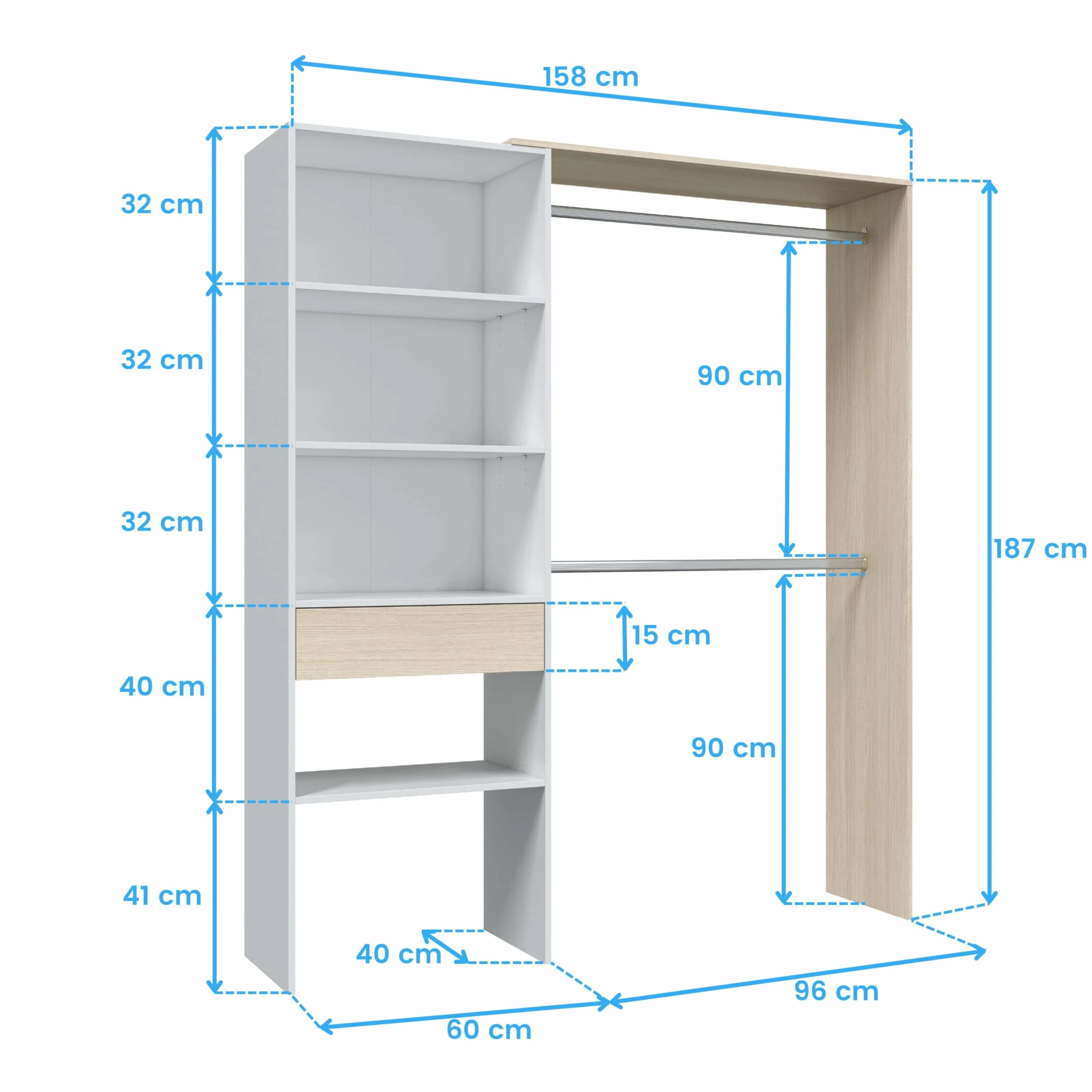 Habitdesign Armario Vestidor, Armario 2 Barras 4 Estantes 1 Cajón, 187x158x40 (AltoxAnchoxFondo - en cm), Vestidor Reversible Color Blanco Artik y Roble