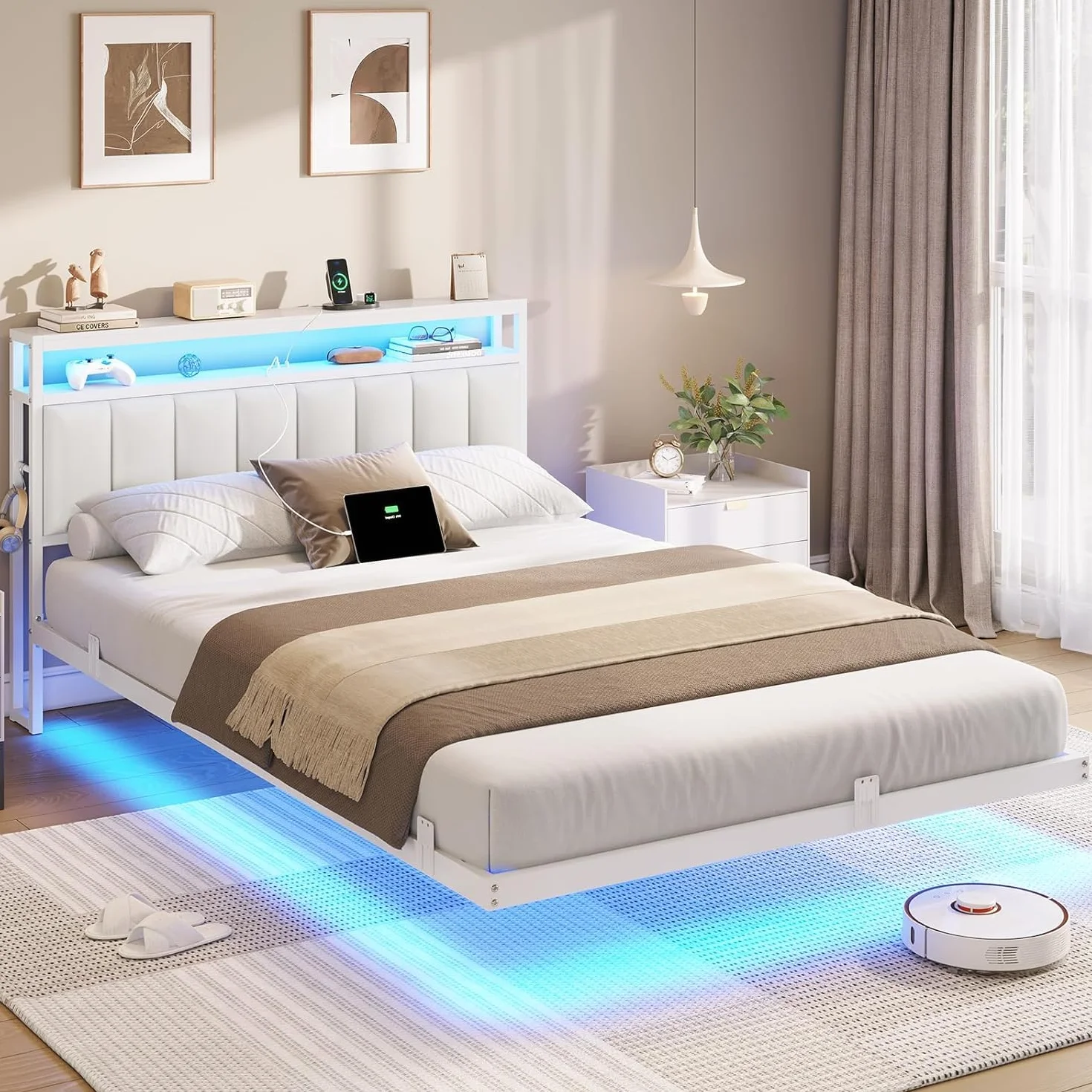 AOGLLATI Cama 140 x 190 cm con Iluminación LED y Estación de Carga, Camas Matrimoniales con Cabecero Tapizado en PU, Cama Matrimonio con Espacio de Almacenamiento, Diseño Visual Flotante, Blanco