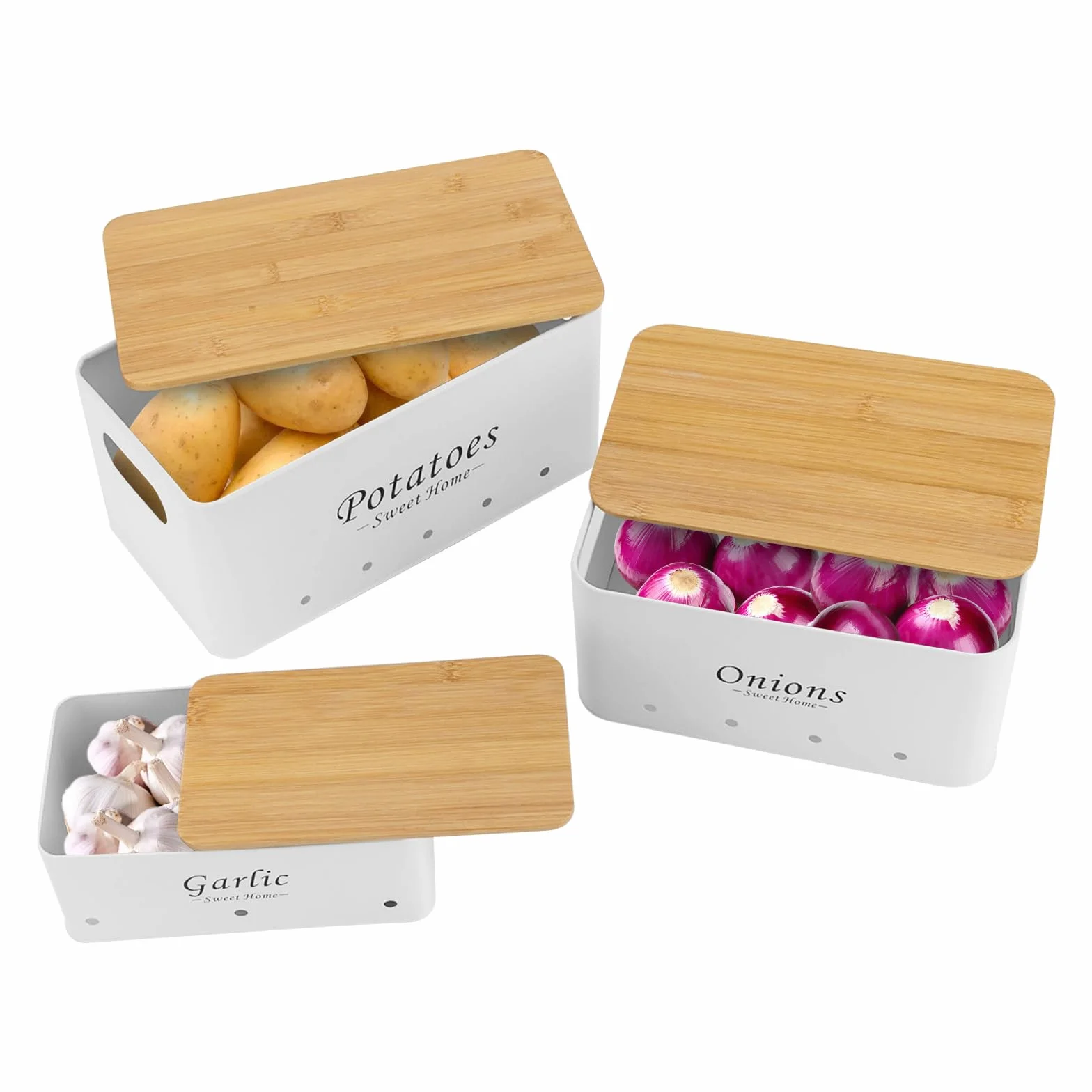 Juego de contenedores de 3 piezas, apilable, con asas ventiladas, recipiente de almacenamiento para organizar cebollas, patatas y ajos en la cámara de almacenamiento de cocina