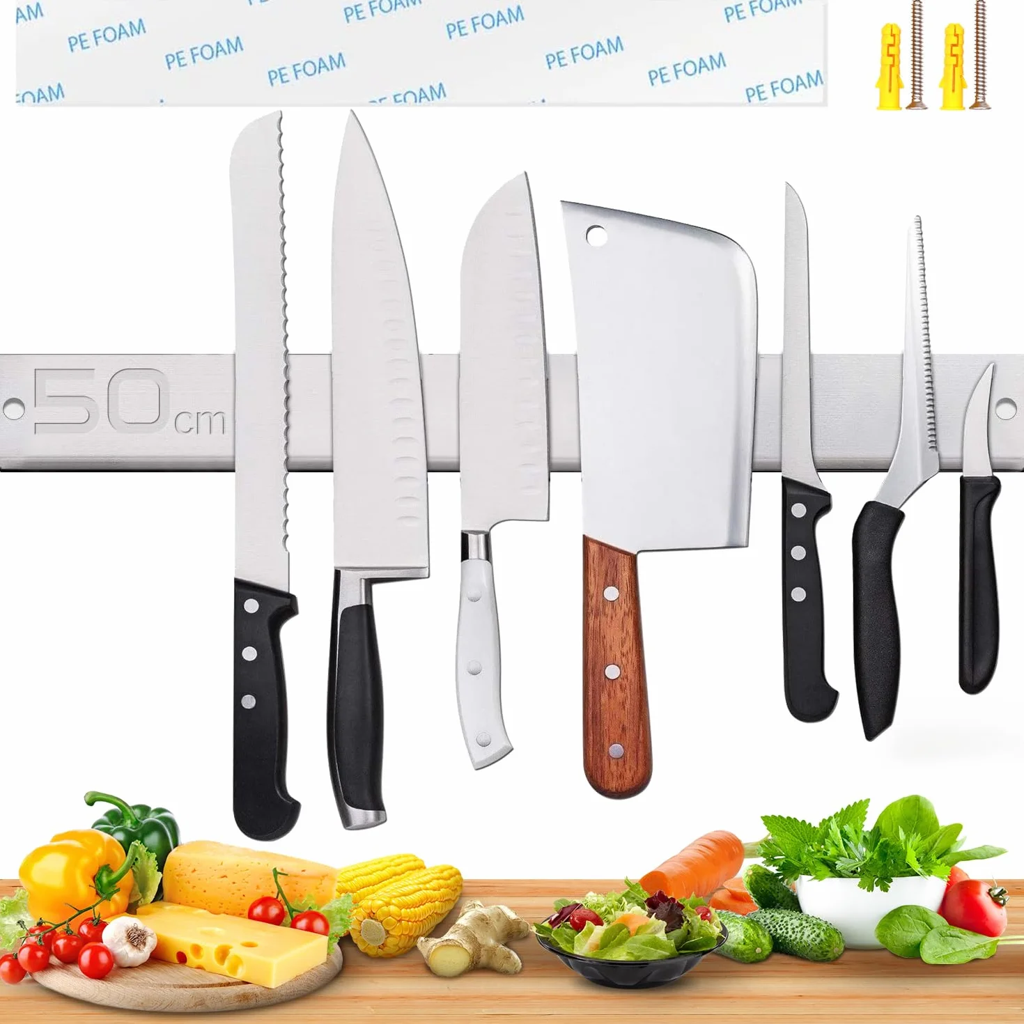 [Actualizado] Soporte Magnético para Cuchillos y Herramientas - 50 cm, Acero Inoxidable - para Cocina, Garaje - Tira de Almacenamiento