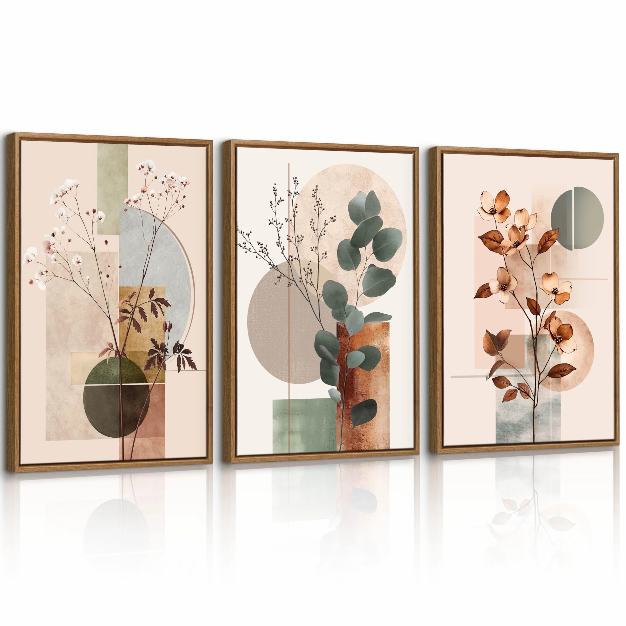 3 Pcs Beige Geométrico Plantas Floral Modernos Cuadros Decoracion Con Marcos, Botánico Algodón Eucalipto Hoja Cuadro y Láminas Lienzos Decorativos Hogar Para Comedor Salon Dormitorios 40X60cmx3Pcs