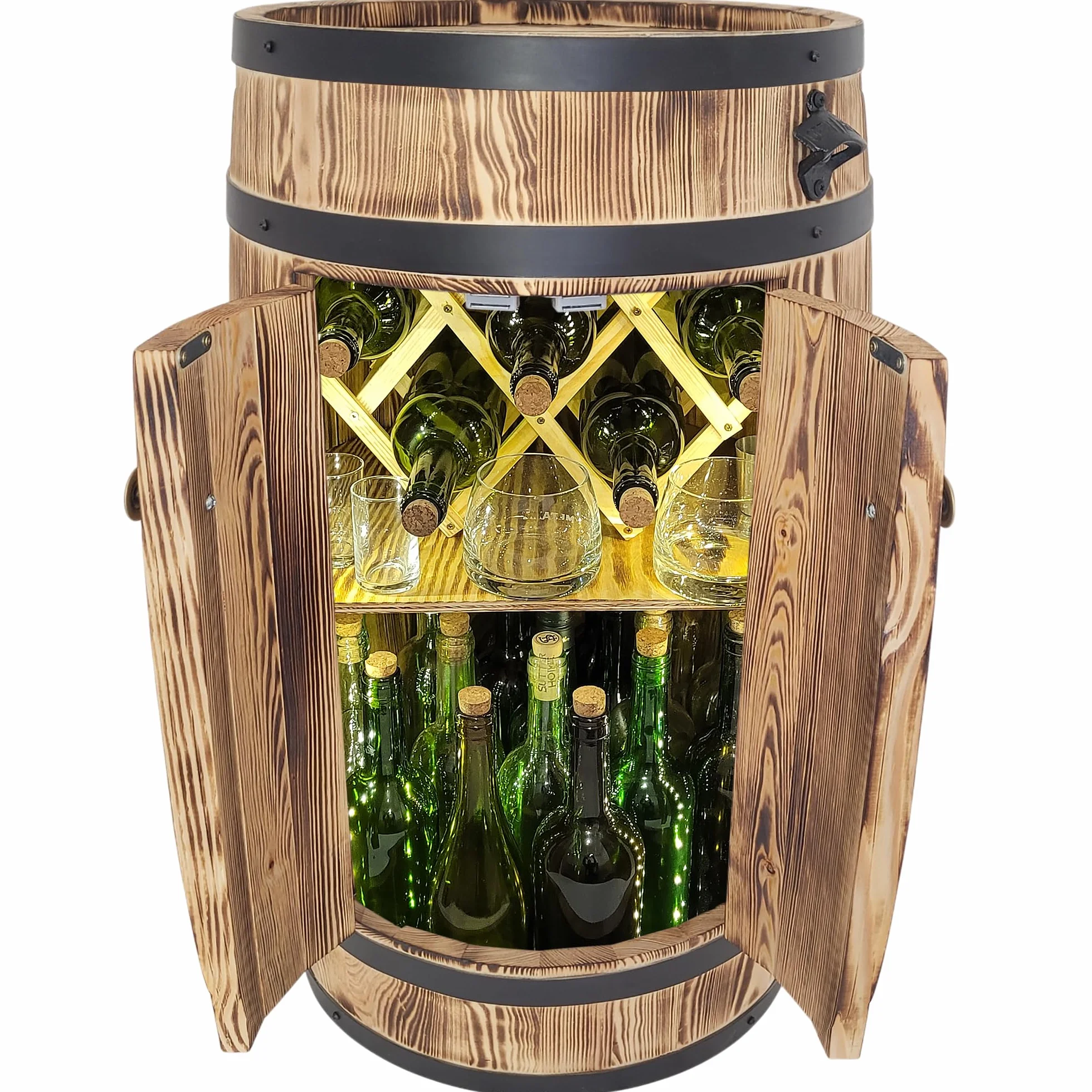 weeco Barril de madera con puertas, bar con iluminación LED, funciona con pilas, soporte para botellas de vino plegable, armario rústico para botellas de alcohol, 80 x 50 x 44 cm