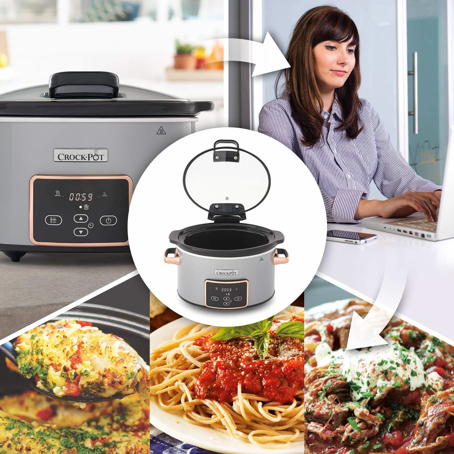 Crock-Pot olla de cocción lenta digital 3,5 litros con tapa bisagras tiempo ajustable plata oro rosa