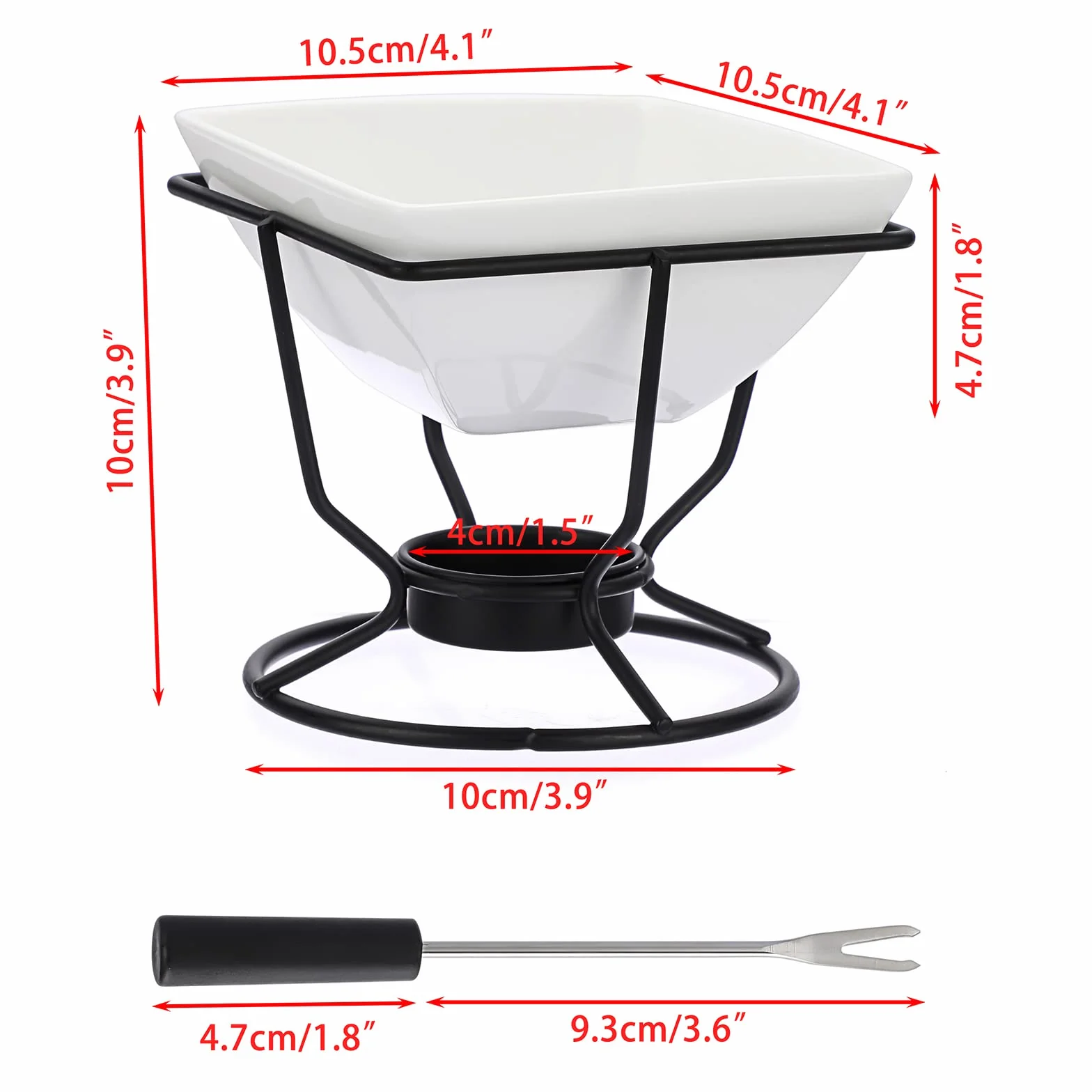 Juego de Fondue de Chocolate Cerámica Cuadrado Blanco 200ML con 2 Tenedores Soporte Redondo de Hierro Negro