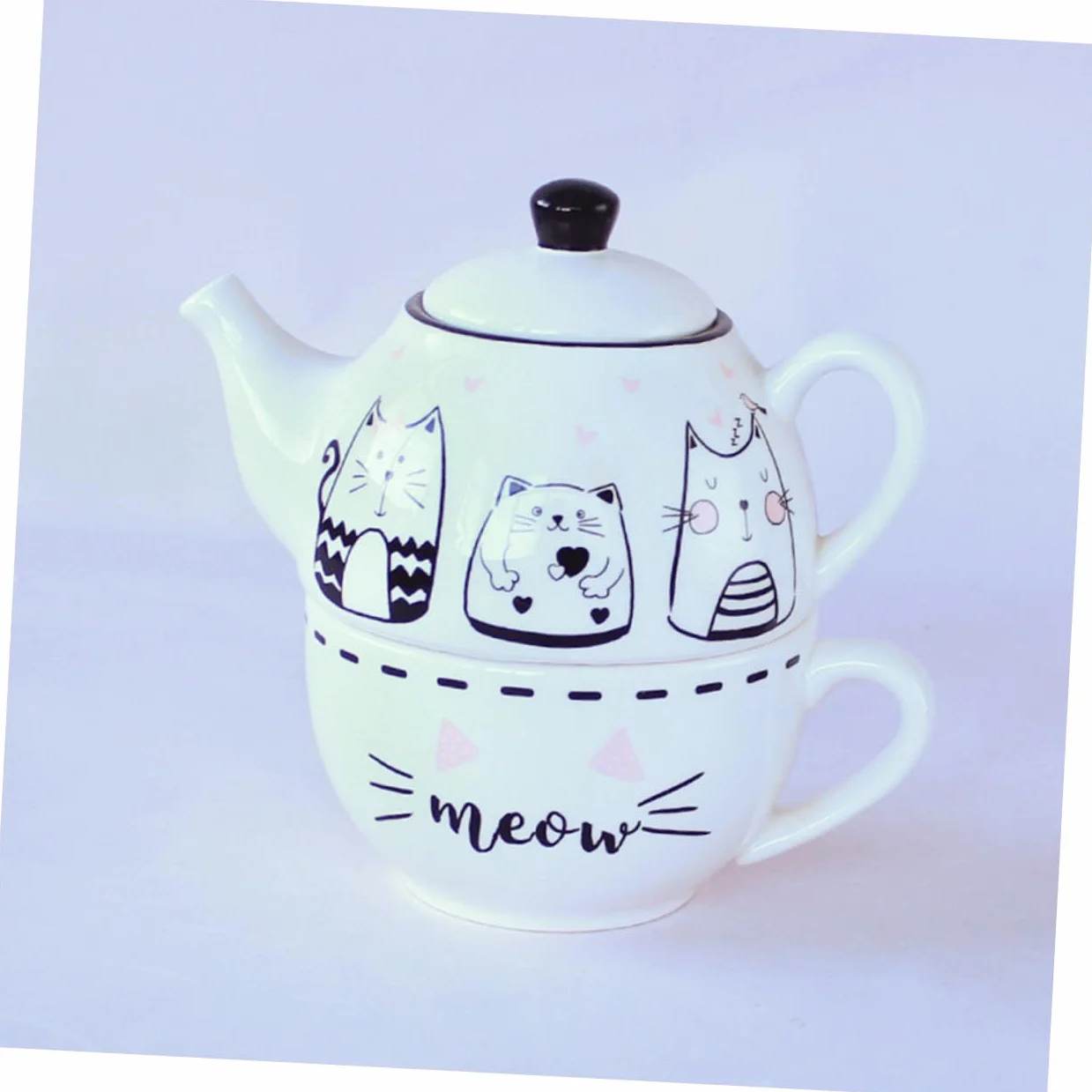 Toyvian Juego de Té de Cerámica Tetera y Taza en Blanco Diseño de Gato Adorable, Adecuado para Decoración del Hogar y Aficionados al Té
