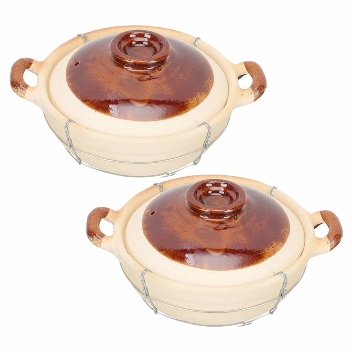 Olla de Barro con Asa para Cocinar, 2 Piezas Beige de Arcilla | Hierro Incluido Estructura, Diseño de Agarre Seguro y Resistente al Calor, para Sopas y Preparación Individual