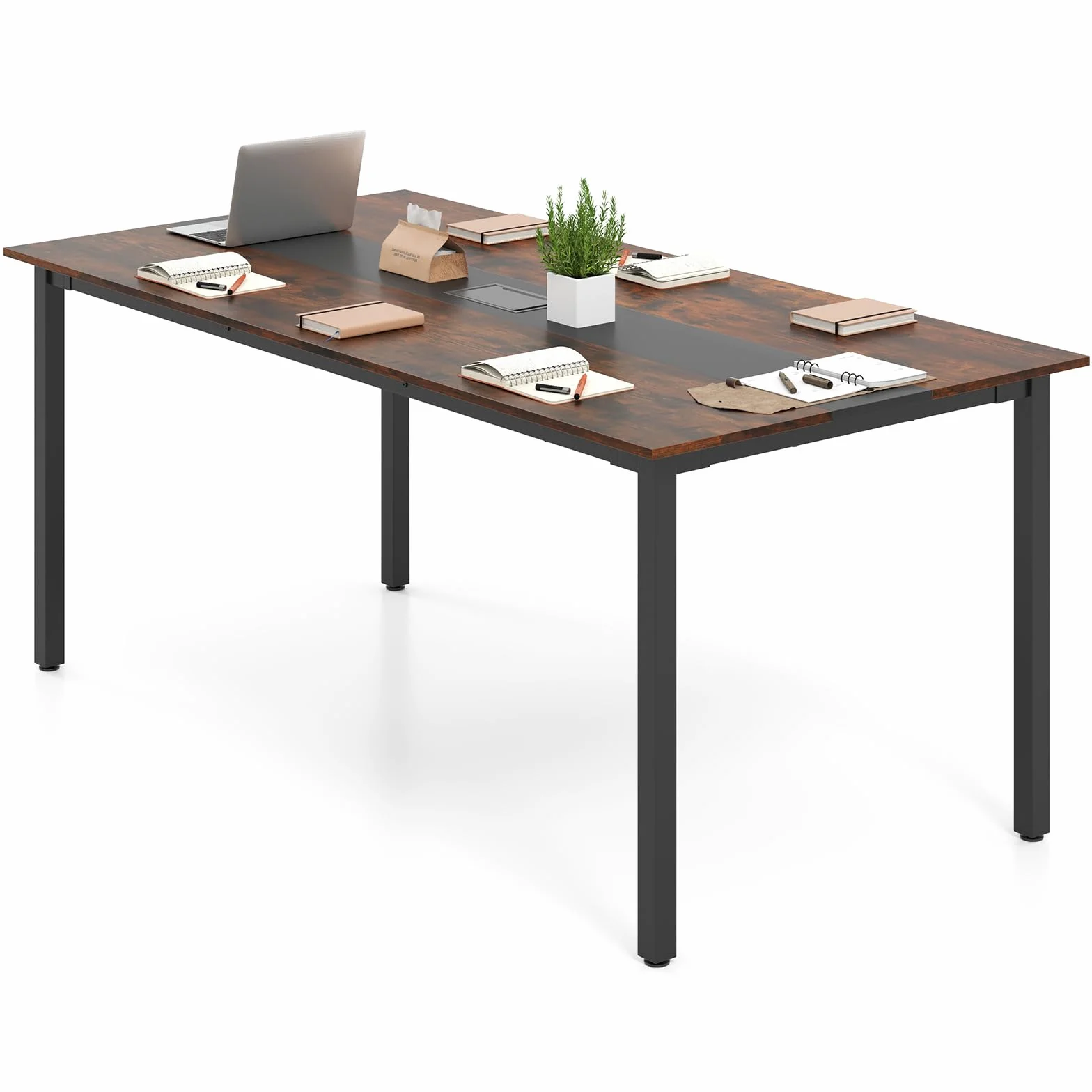 LIFEZEAL Mesa de Conferencias Rectangular, 180x90x75,5 cm, Mesa de Reuniones 8-10 Personas, Escritorio para Seminarios con Orificio para Cables, Tapa de Madera y Estructura Metálica, Estilo Industrial