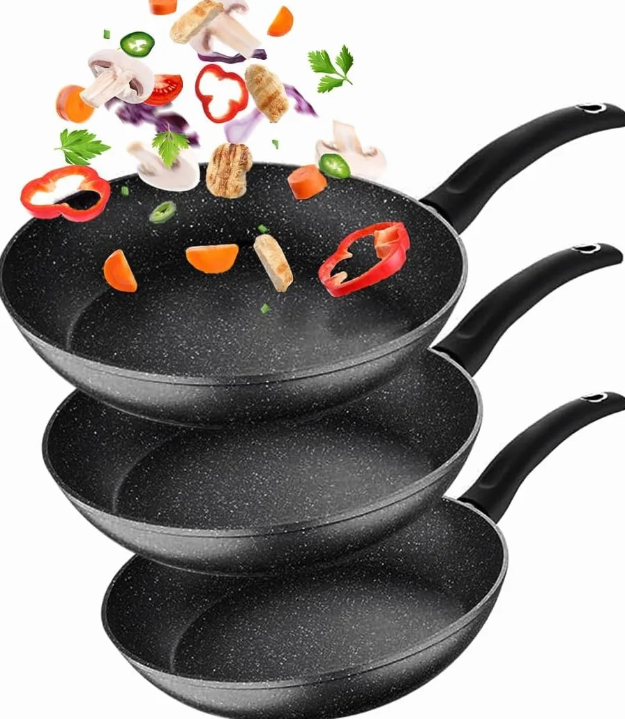 Avilia Juego de 3 sartenes antiadherentes de piedra dura para inducción – Cocción uniforme para carne, pescado, verduras – Diferentes tamaños: 20 cm, 24 cm, 28 cm