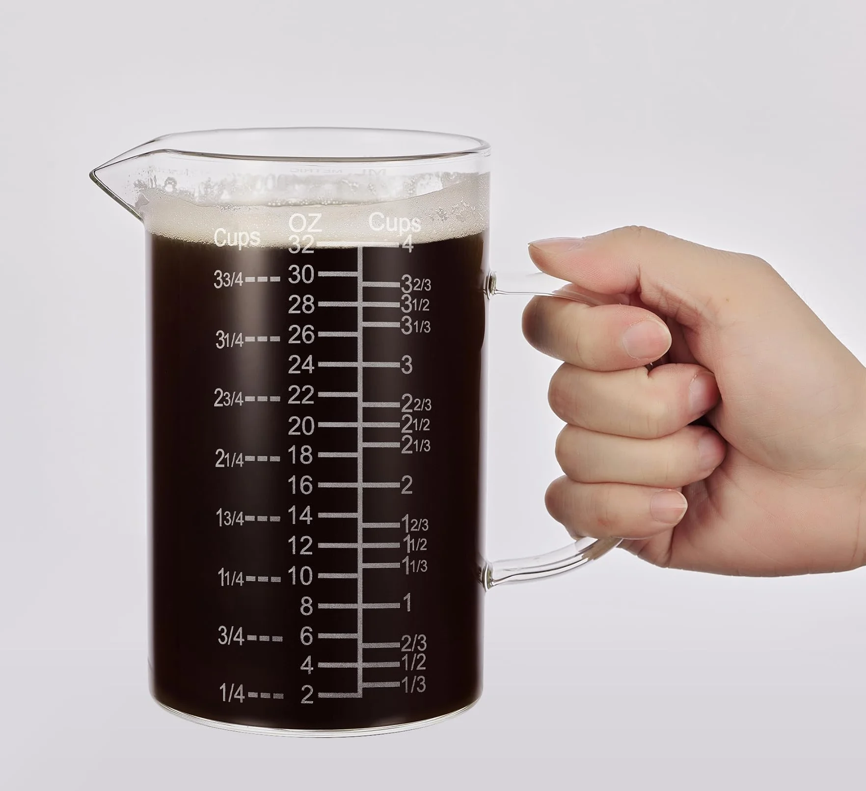 Taza medidora de vidrio graduado grabado, mango aislado, boquilla en forma de V, taza medidora de vidrio de borosilicato alto para cocina o comedor, fácil de leer, 32 onzas, 4 tazas