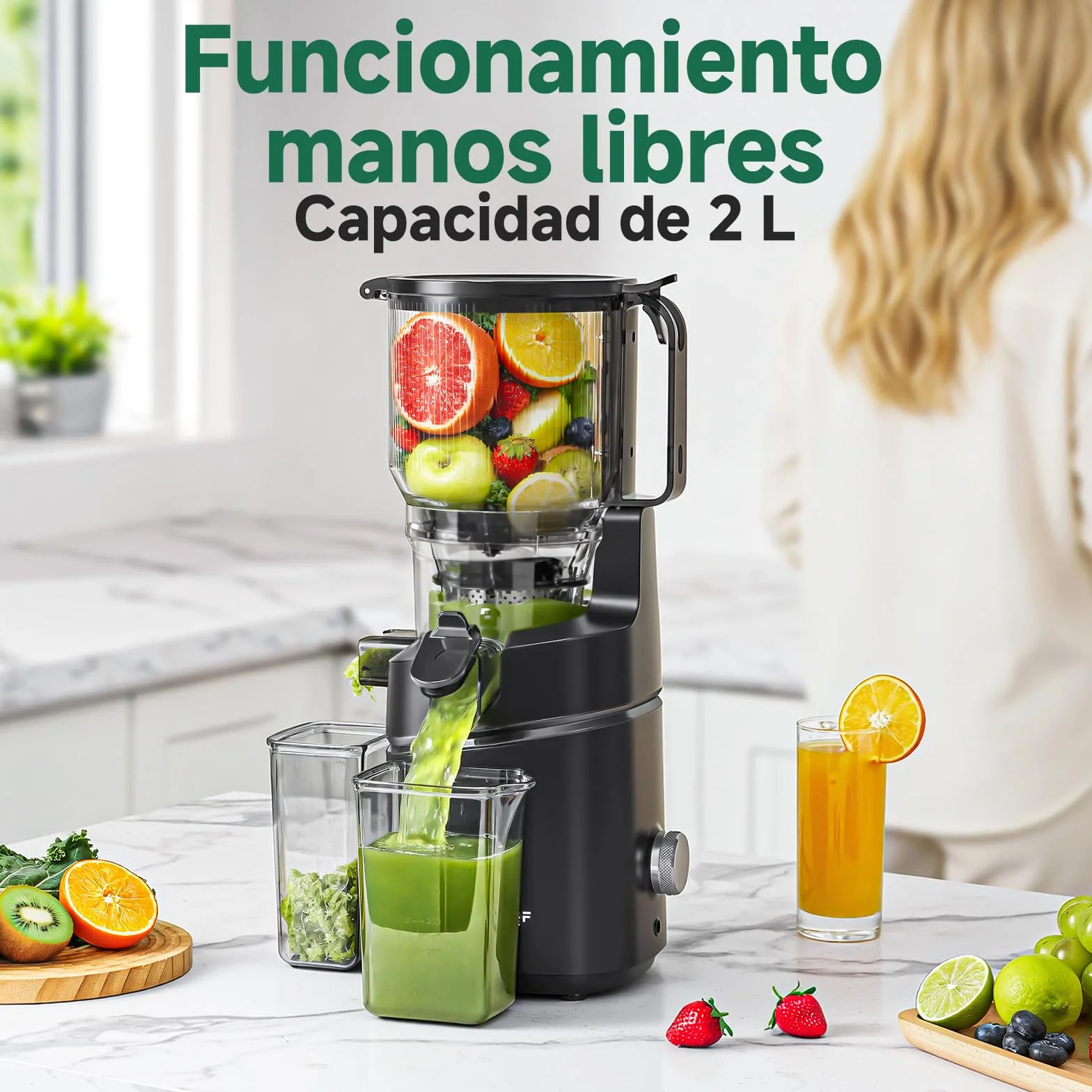 AMZCHEF Extractor de Zumo Automático Multifuncional de 250W, 150MM de Apertura, Exprimidor de Frutas y Verduras de 2 Litros con Triple Filtro - Negro