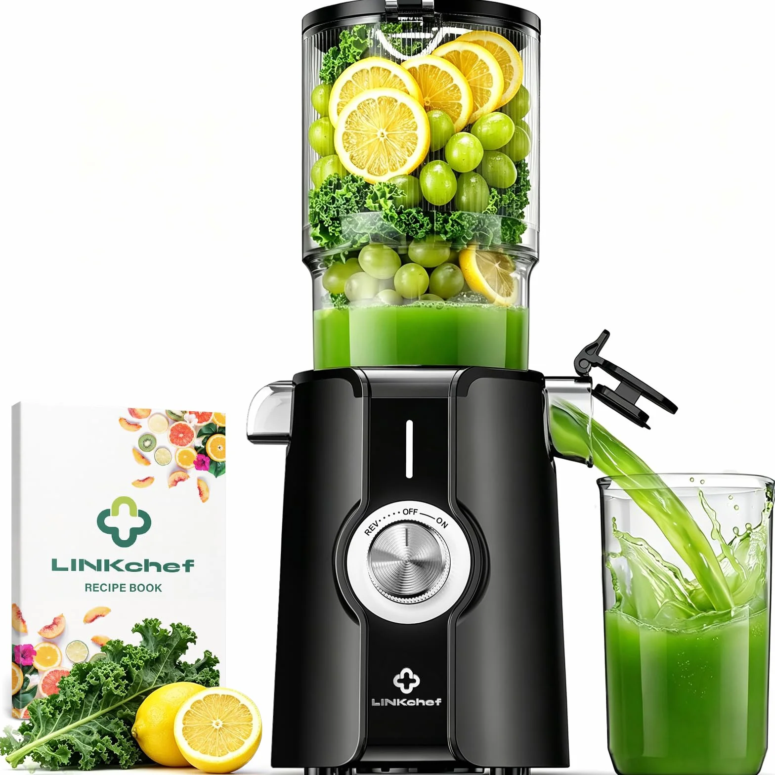 LINKChef extractor de zumos y verduras, boca de 115 mm y 1,2L licuadora para verduras y frutas Entera, slow juicer machine extractor de jugo,Fácil de Limpiar, Sin BPA,200W, Negro