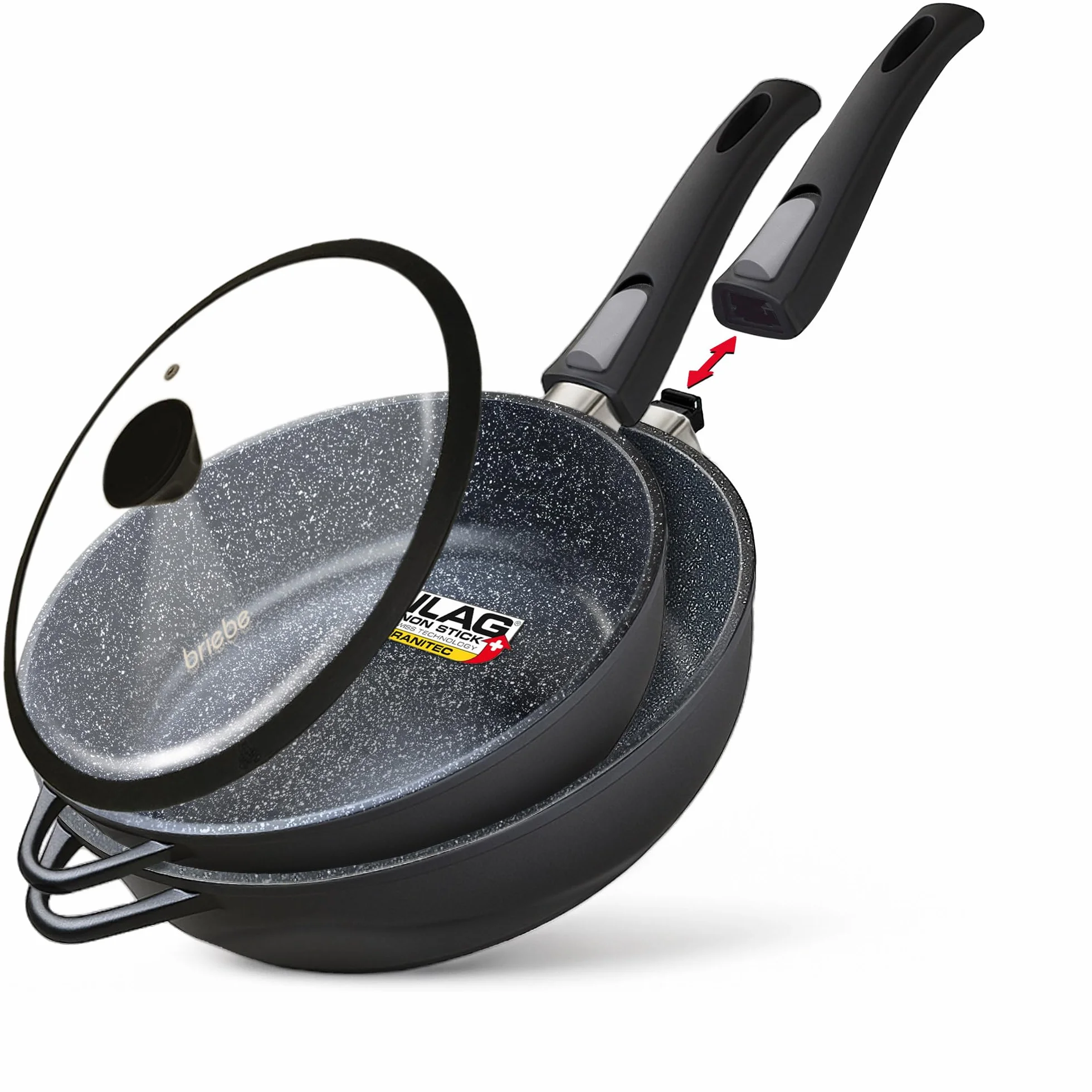 briebe Juego de 2 Sartenes Inducción Antiadherentes,2 Mangos Extraíbles Desmontables Hondas 24/28 cm, Aluminio Fundido, ILAG GRANITEC sin PFOA, Tapas Cristal, Vitrocerámica, Gas, Horno, MGK-19S