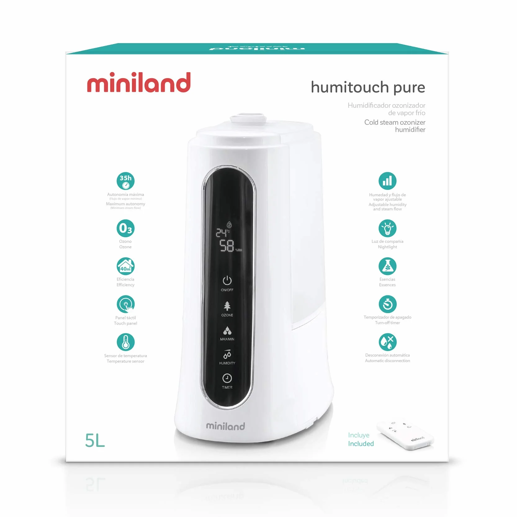 Miniland Humitouch Pure - Humidificador Ultrasónico Programable, com Ozonizador y Aromaterapia, más de 50 Horas de Autonomía, Capacidad 5L