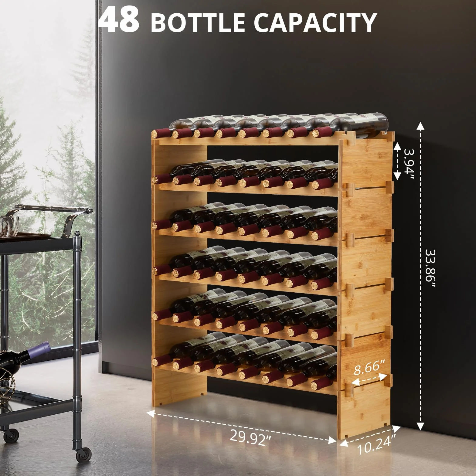 Estante modular apilable de bambú para vino – 6 niveles, capacidad 48 botellas, diseño estable para suelo o encimera, organizador de madera para bar y gabinete, 76x26x76 cm, capacidad: 48 botellas