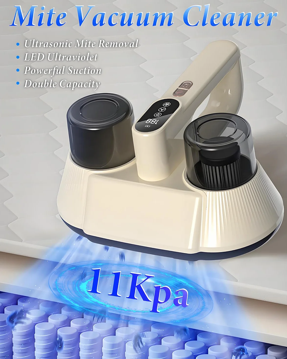 Aspirador de ácaros para colchones, 100 W, portátil, inalámbrico, con doble aspiradora y UV-C y ultrasonido para la limpieza de ropa de cama y sofá