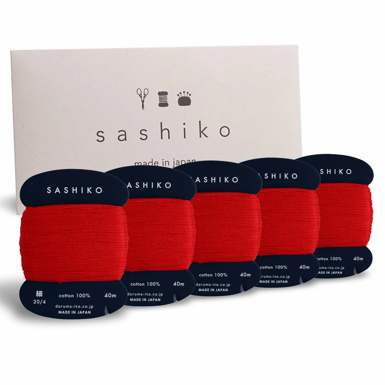 DARUMA Sashiko Hilo 100% algodón tipo tarjeta (43.7 yardas) x 5 piezas con manual en inglés, costura y bordado con paquete de regalo (rojo)