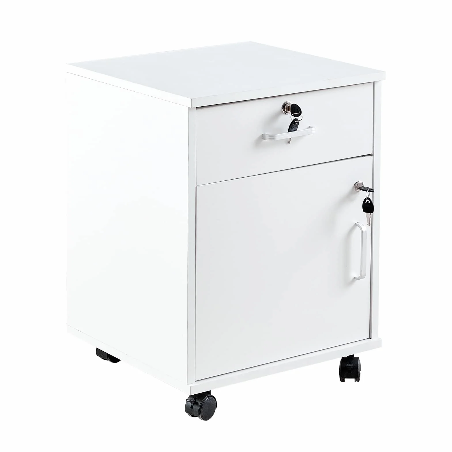 CLIPOP Archivador móvil con 1 cajón, gabinete de oficina blanco con 1 armario de almacenamiento, mesa debajo del escritorio para oficina en casa con ruedas para carpetas de archivos de papel A4