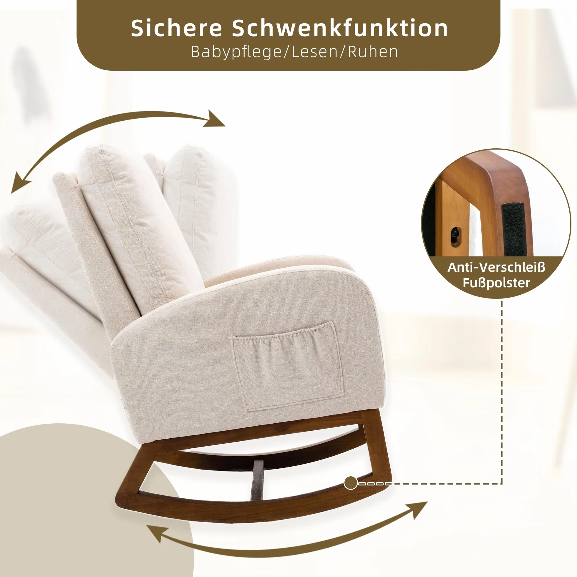 Silla mecedora acolchada para habitación infantil Glider Rocker para bebés y niños, sillón Comfy con bolsillo lateral, sillón de salón con respaldo alto (beige), yaoyi-01