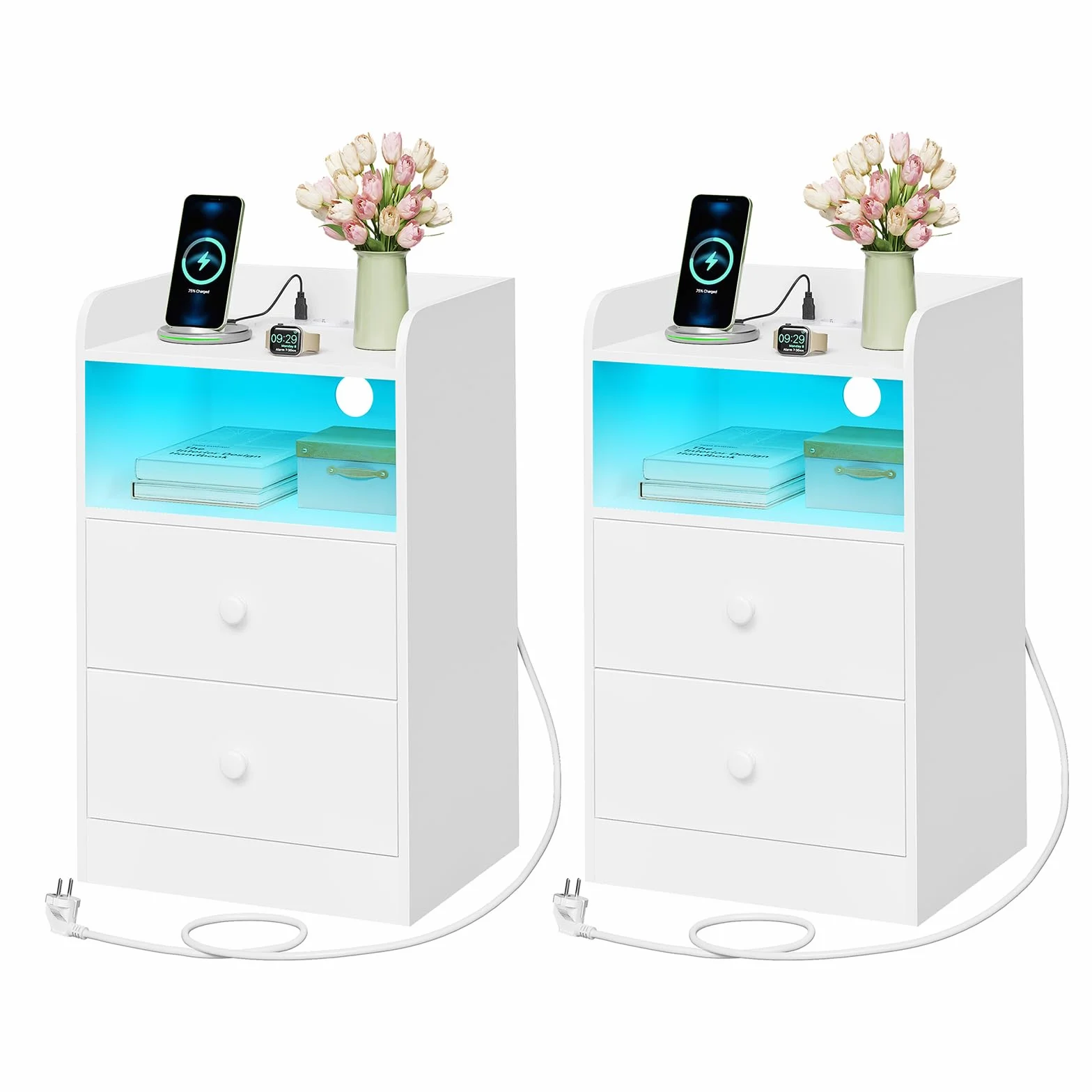 WOLTU Juego de 2 Mesita de Noche con Estación de Carga y Luz LED, Mesa Auxiliar con Enchufes, Puertos USB, Mesa Noche de Madera con Cajones, 40x35x64 cm, para Dormitorio, Blanca, NTS07ws-2