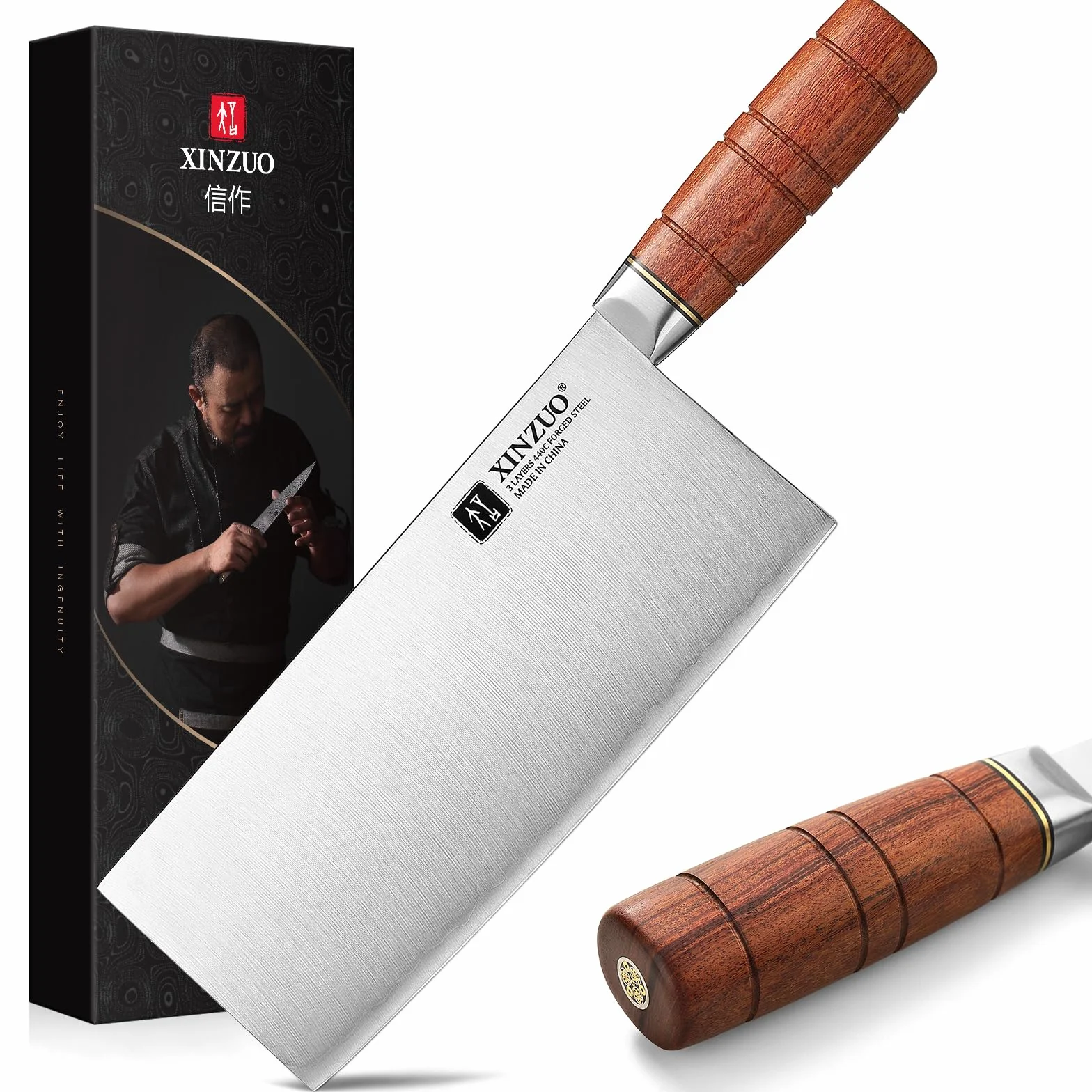 XINZUO 20,5cm Cuchillo de Cocina Chino Acero Compuesto de 3 Capas -Profesional Multifuncionales Afilado Cuchillo de Chef Acero Inoxidable -Mango Ergonómico de Red Wood -Para Carne, Pescado, Verduras