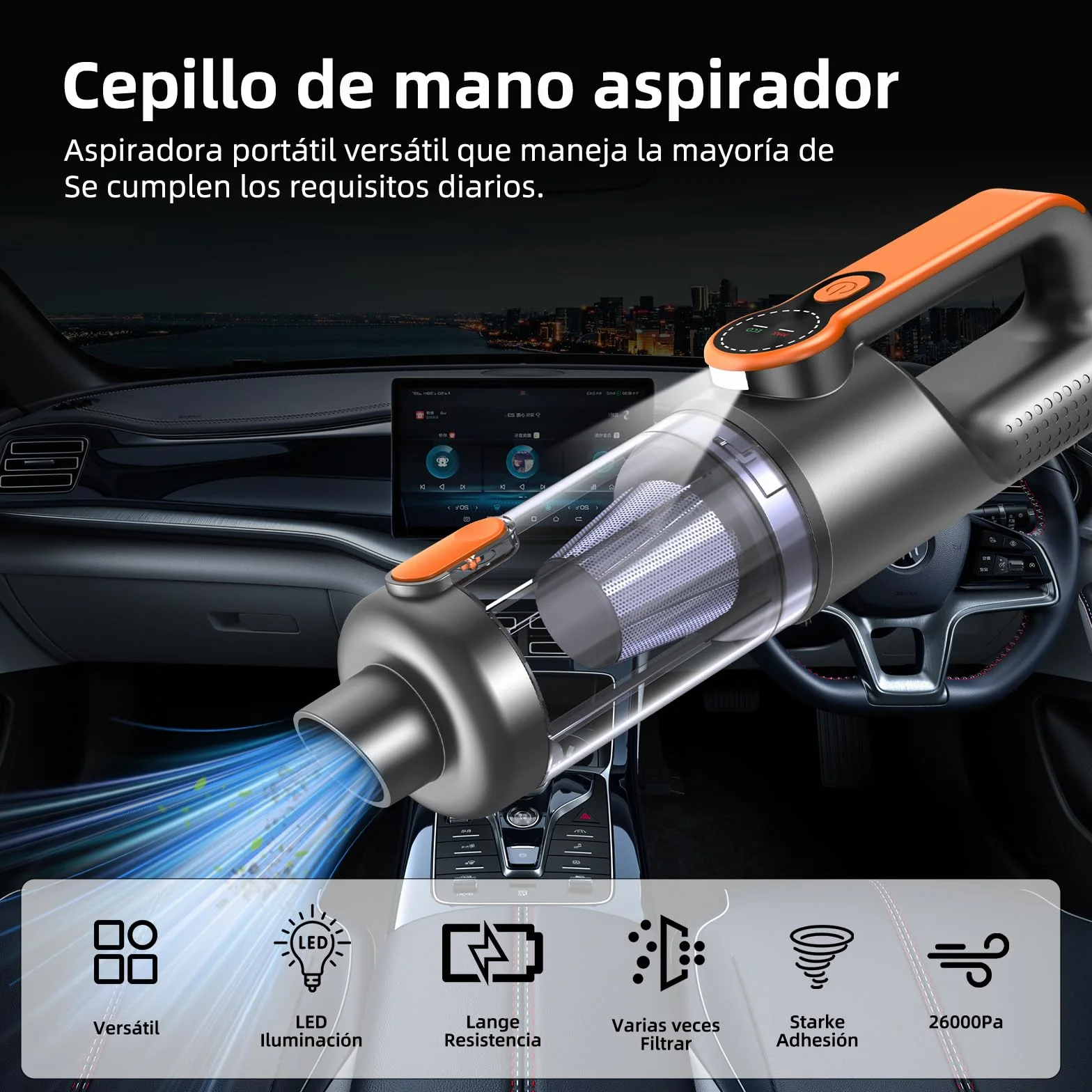 Aspirador de Mano 26000Pa 4-en-1 Sin Cable Motor Sin Escobillas Pantalla HD Iluminación LED Naranja