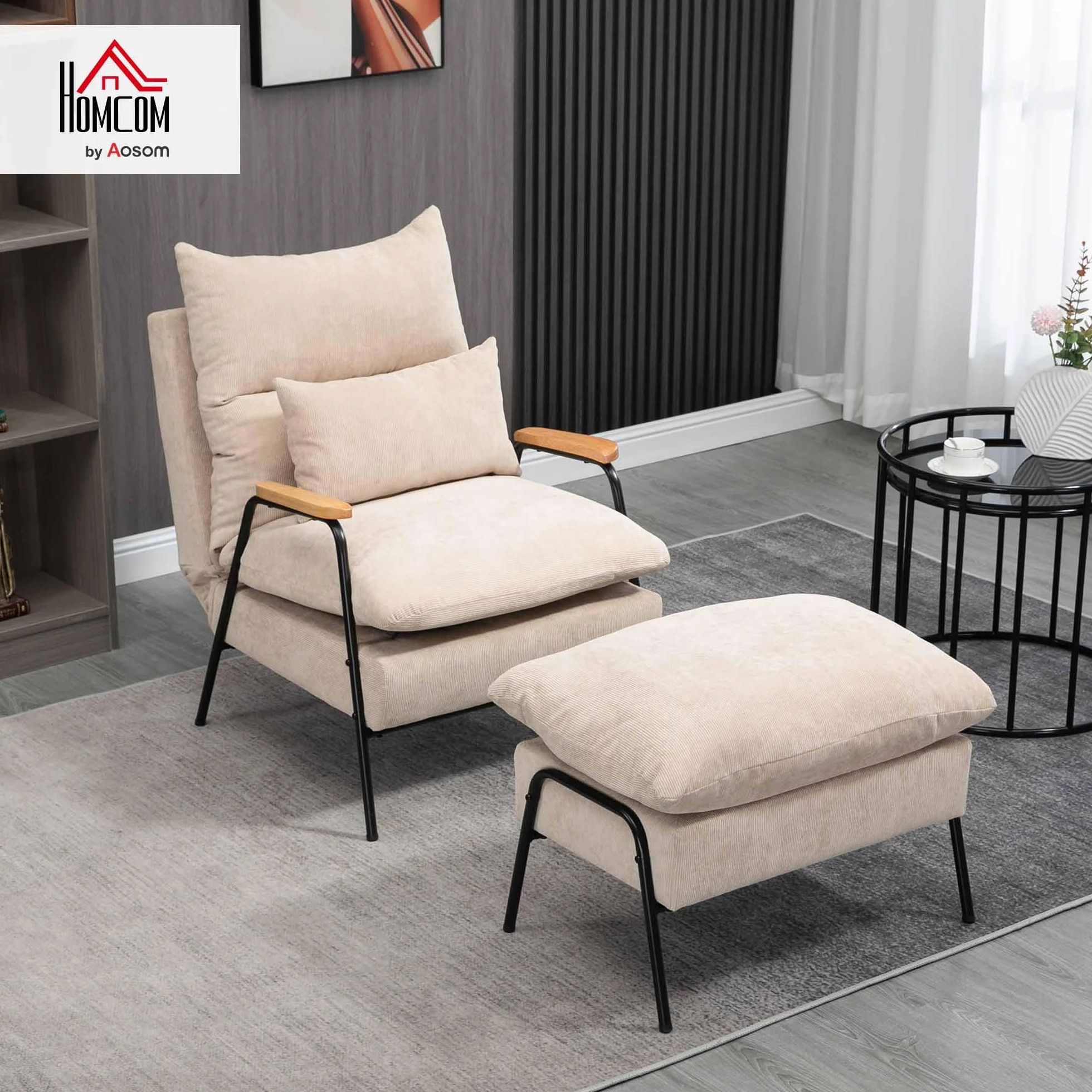 HOMCOM Sillón de Relax con Reposapiés Sillón Reclinable con Respaldo Ajustable Tapizado en Pana Marco de Acero y Cojines para Salón Dormitorio 68x91,5x88 cm Beige