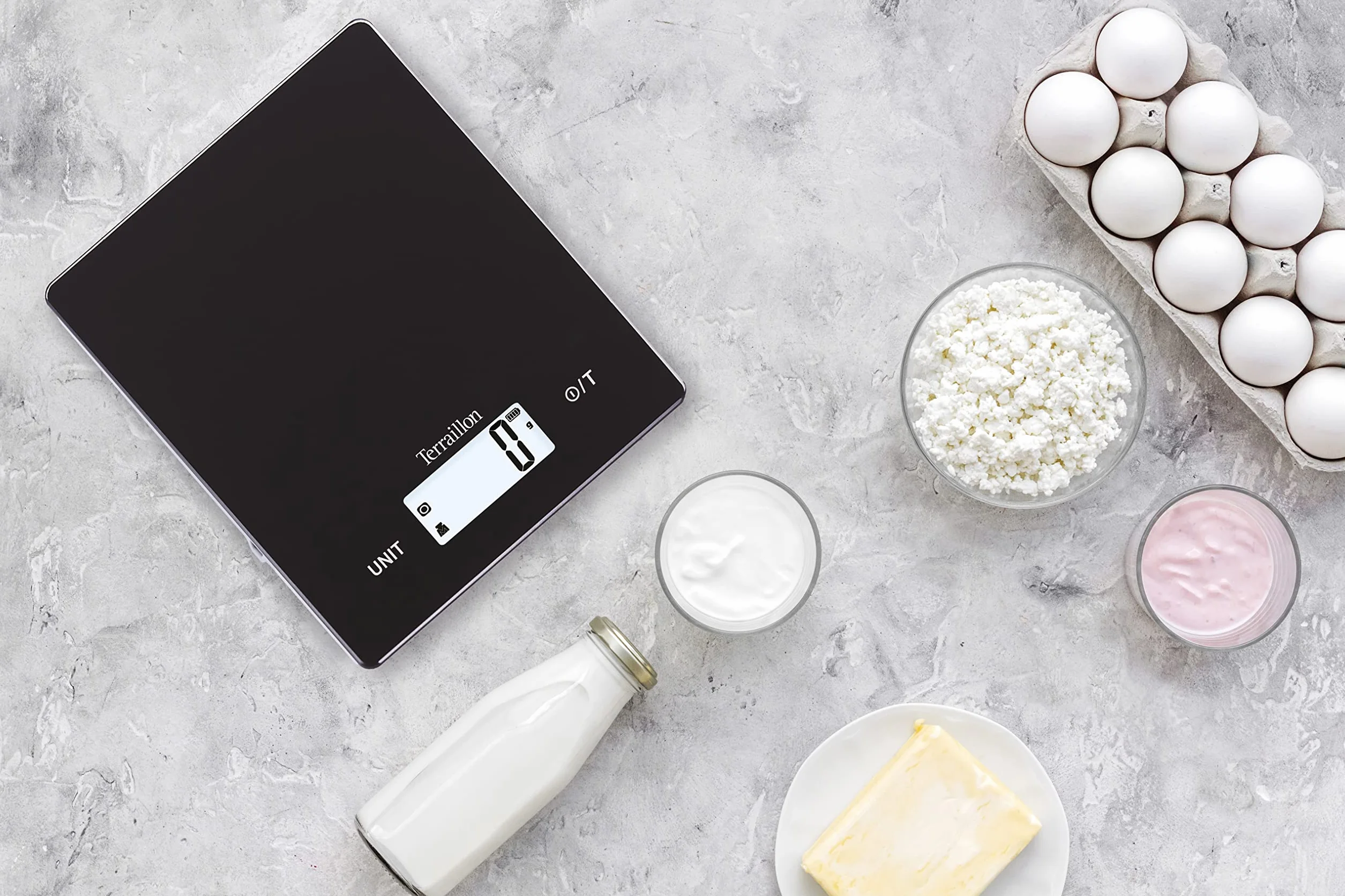 TERRAILLON SMART USB C – Báscula electrónica de cocina, recargable por USB, pantalla LCD retroiluminada, auto encendido, función tara y conversión líquida, capacidad 5 kg, graduación 1 g, color negro