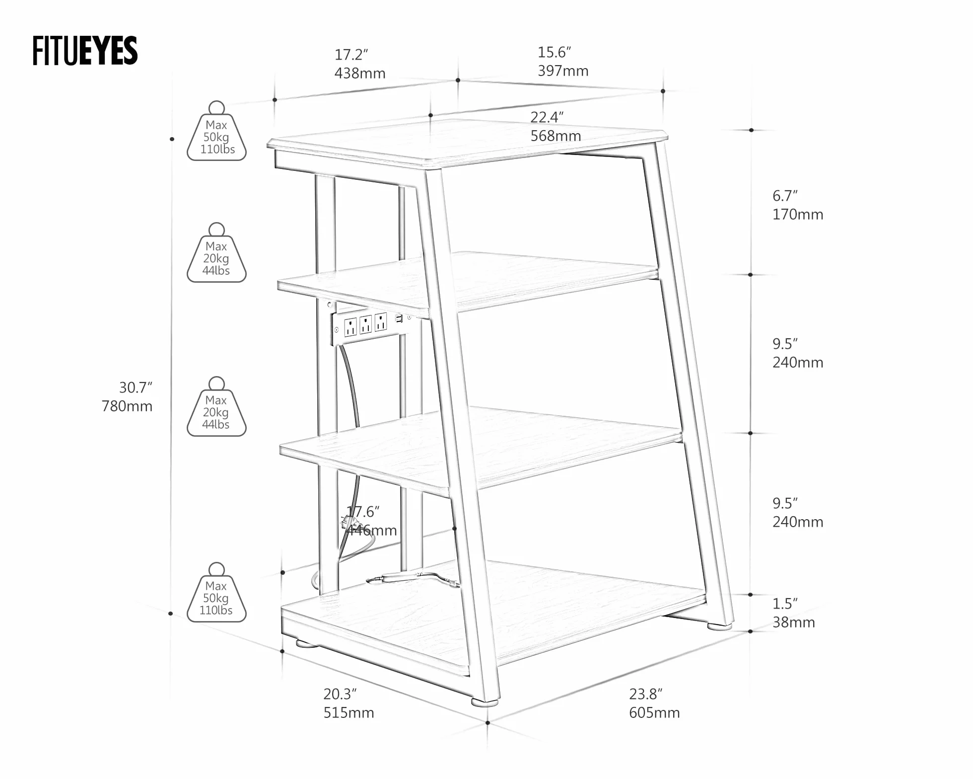 FITUEYES DESIGN HIFI - Soporte con iluminación LED y tomas, estantes de madera 4 niveles, 50 kg, 61 x 52 x 78 cm, serie Eiffel