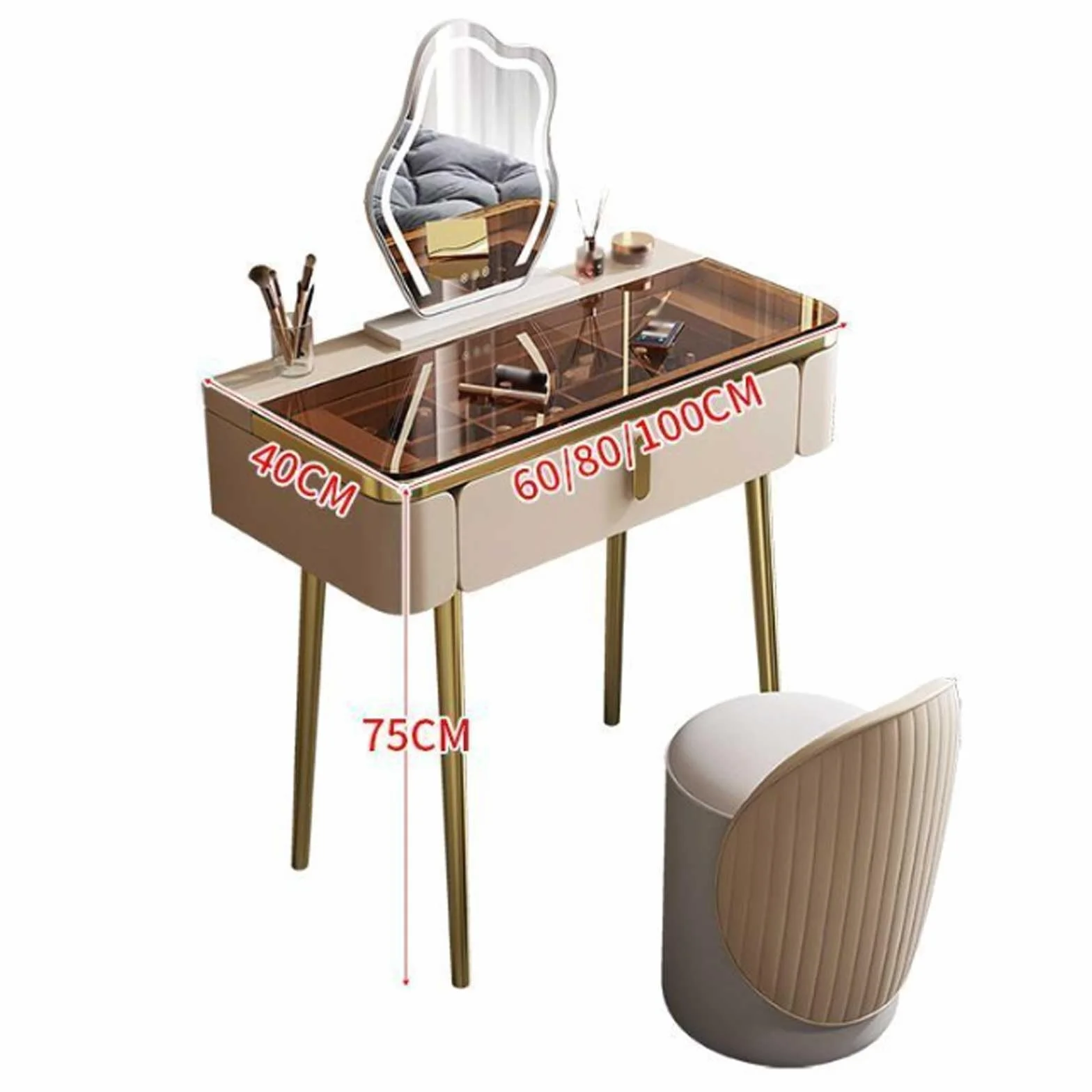 Glam Makeup - Juego de mesa de tocador con espejo y silla, patas de metal, elegante acabado champán, perfecto para madres y entusiastas de la belleza