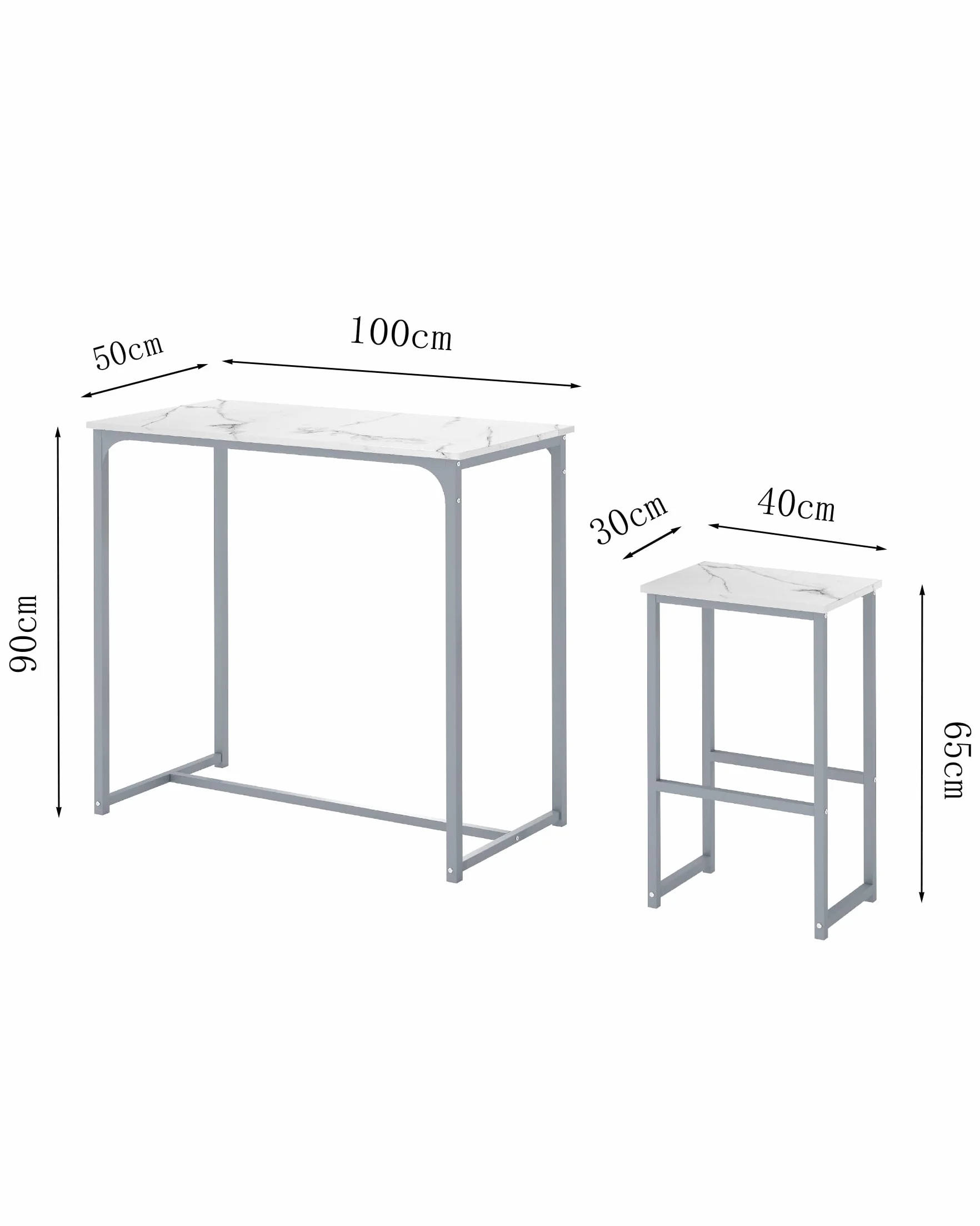 Mesa Alta Cocina con Taburetes, Mesa Cocina Pequeña con Sillas multifuncionales de diseño Moderno, Mueble Bar Salon líneas de mármol Blanco