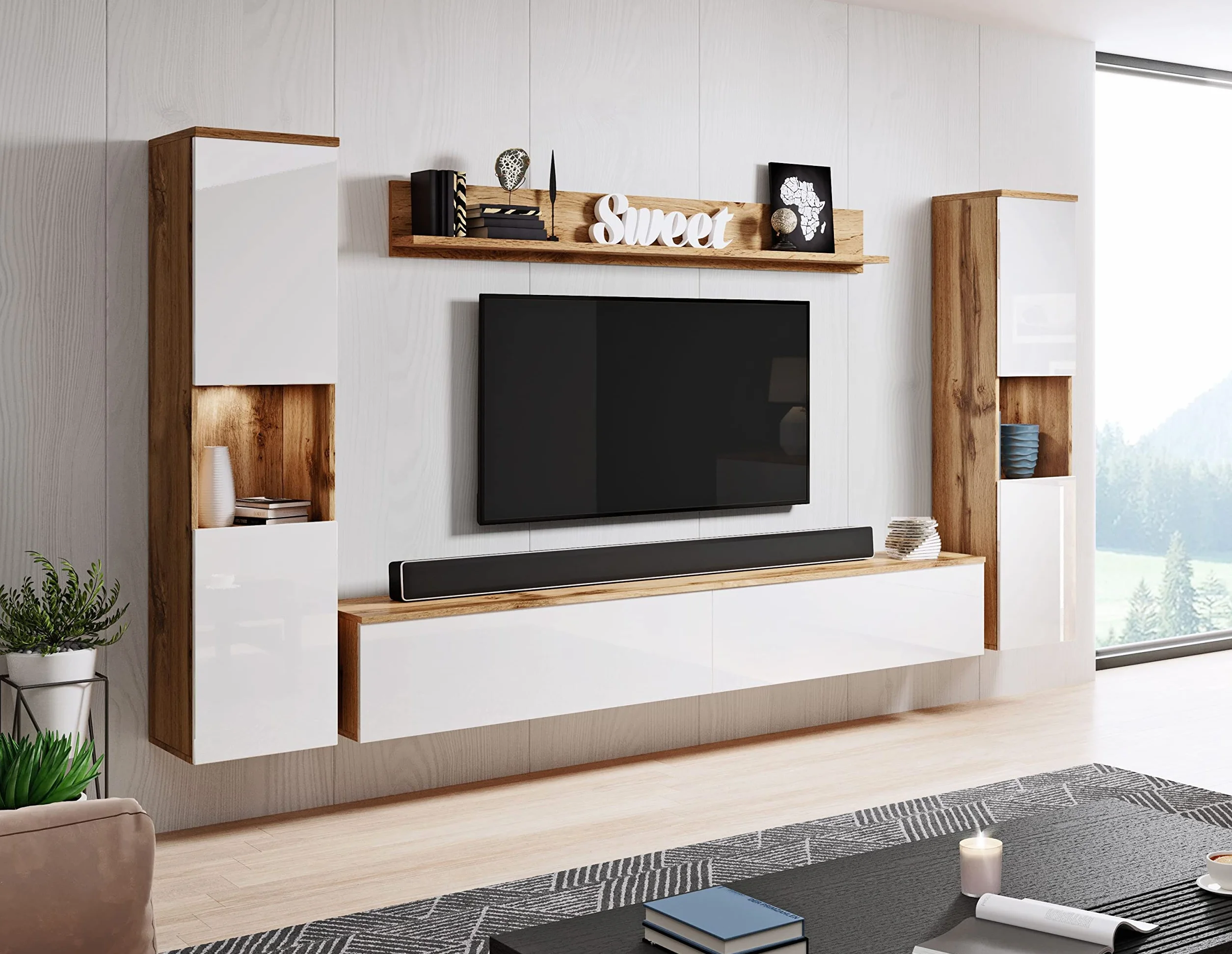 Conjunto de Muebles de salón Paris XL, iluminación LED incluida, Juego de Muebles de salón (Wotan/Blanco Brillo)