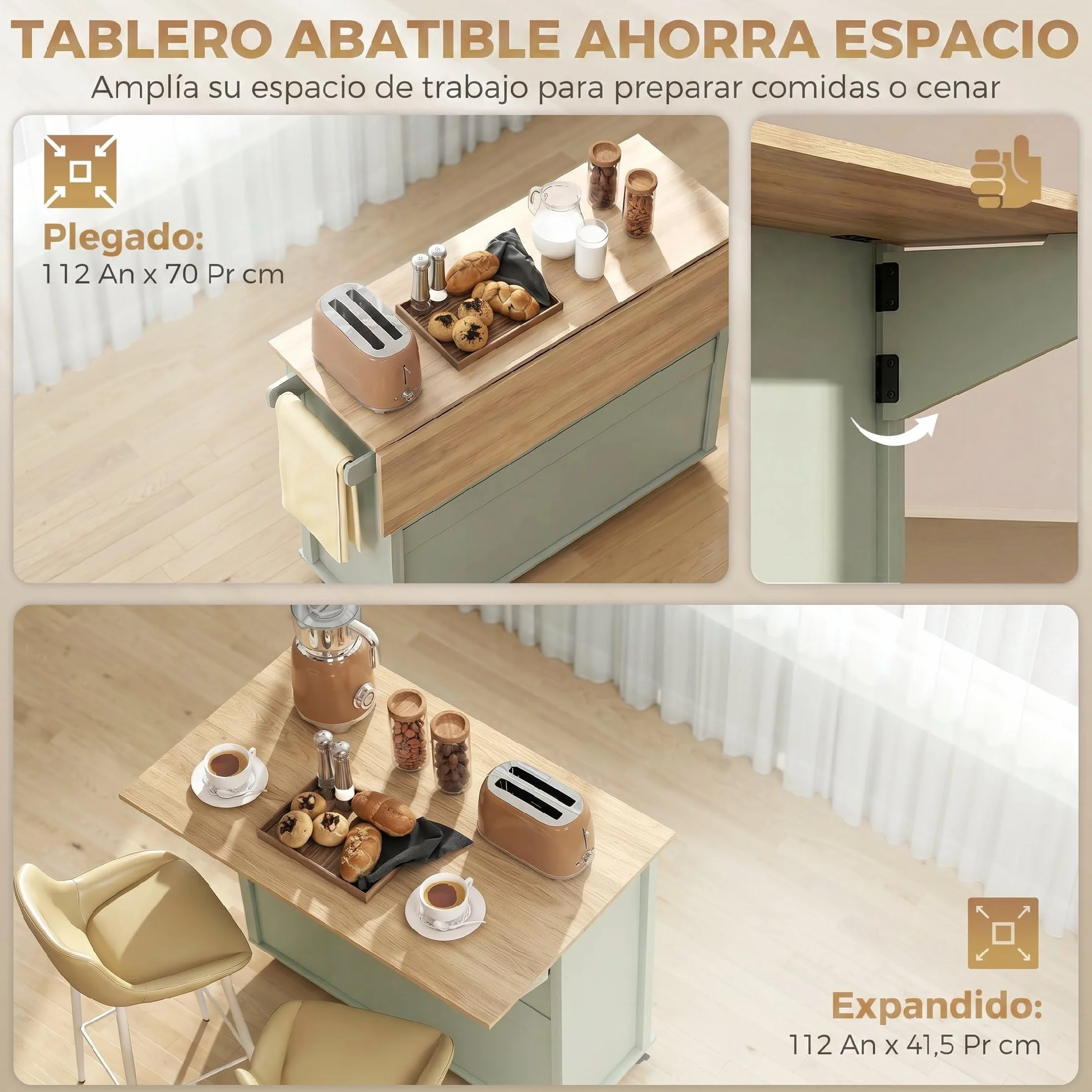 HOMCOM Isla de Cocina con Tablero Plegable y Ruedas, Carrito de Cocina con Estantes en la Puerta, Toallero, Armario, 2 Cajones, Estantes Abiertos, 117,5x70x91 cm, Verde Claro