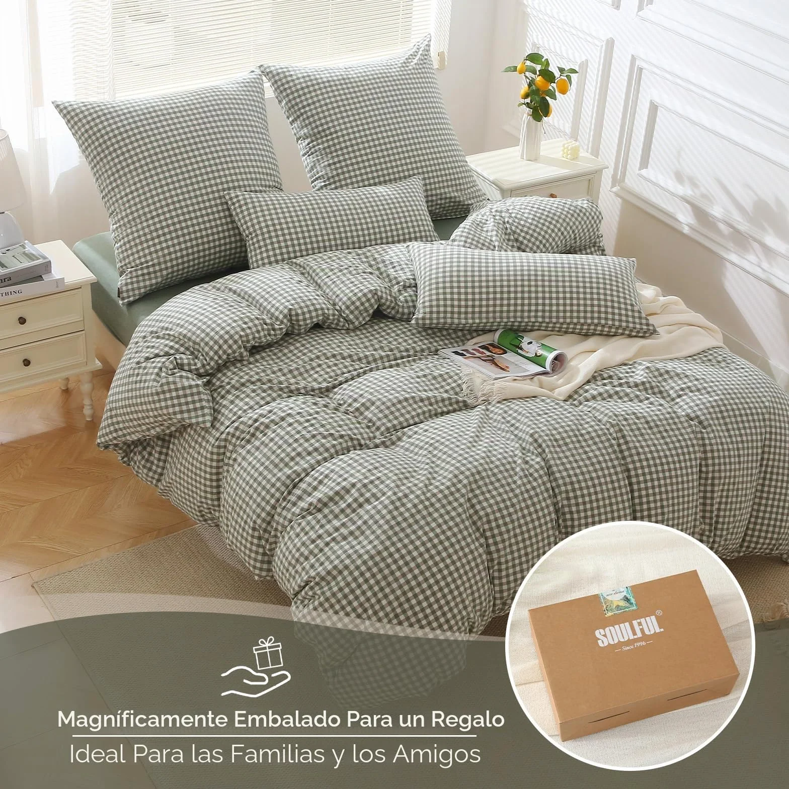 SOULFUL - Funda de edredón de 240 x 260 cm, algodón con 2 fundas de almohada de 65 x 65 cm, 100% algodón lavado, certificado Öeko-Tex, verde juego de cama de 2 personas, 240 x 260 adultos algodón con