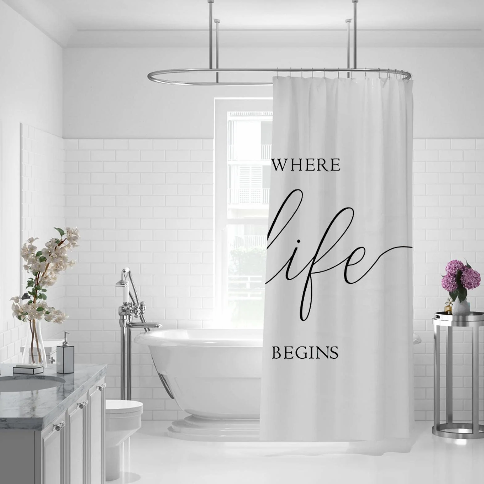 Cortina de Ducha de Simplicidad Moderna Set White Words Cortina de Ducha para la decoración del baño Cortina de Ducha de Tela Lavable Impermeable para bañera W200xL200cm