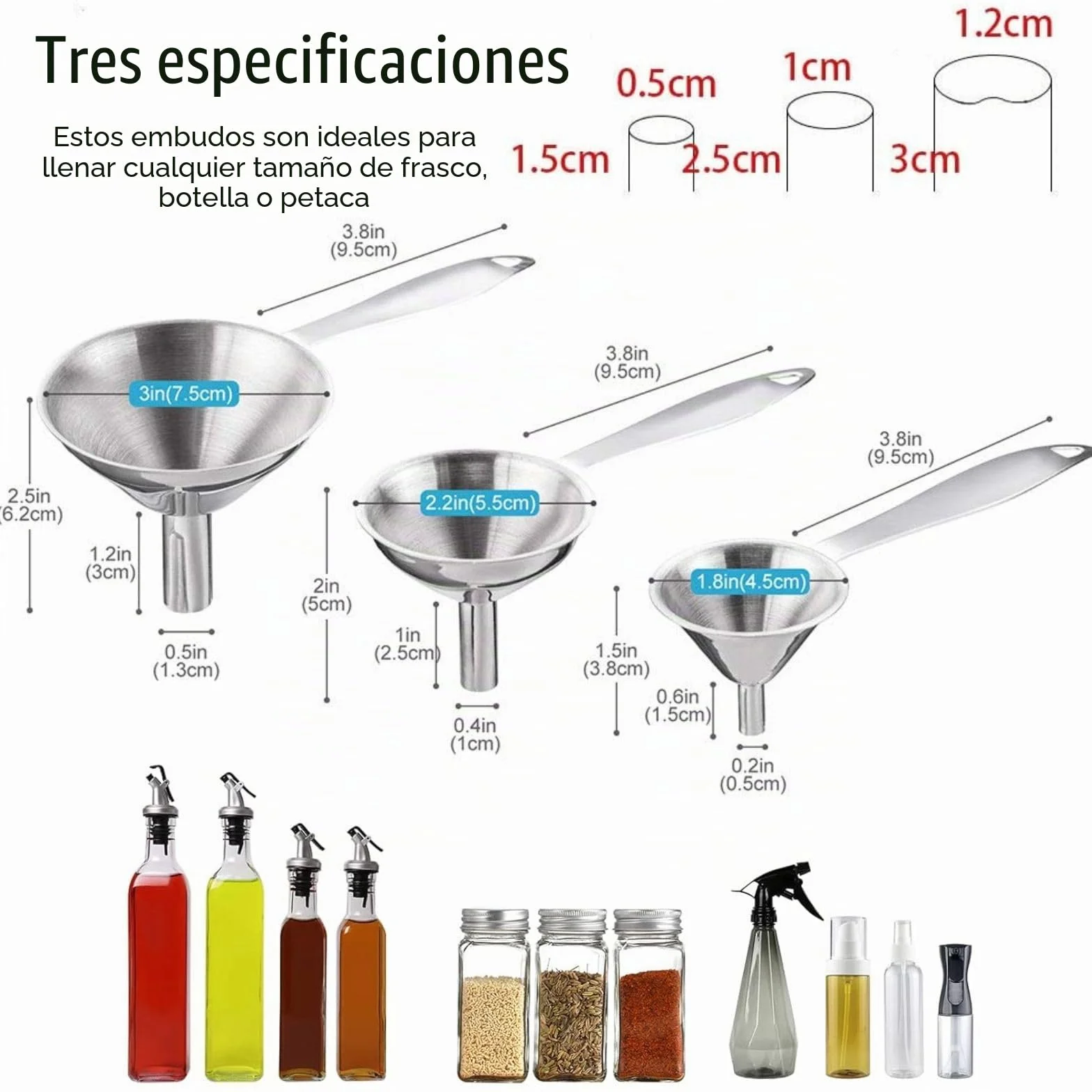 Embudos de Acero Inoxidable, 3 Piezas Embudo de Cocina con Mango Largo para Transferir Líquidos y Polvo