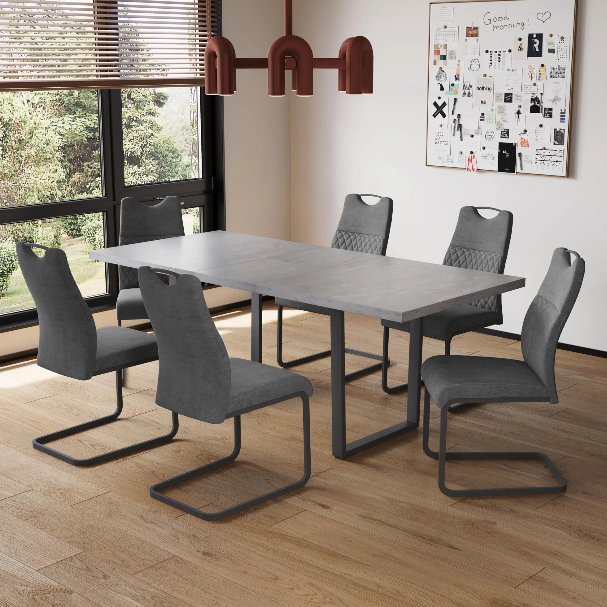 JIEXI - Mesa Extensible de Comedor MDF, 4 – 6 Personas de Cocina de Madera con Estructura metálica para Comedor, Cocina (130-170 cm Mesa de Comedor + 6 sillas Grises - A)