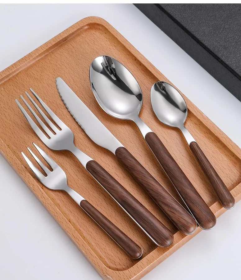 Este Juego de Cubiertos, 5/20/30/40 Piezas, Cuchillo, Tenedor y Cuchara de Acero Inoxidable con Mango de Madera, Estilo Retro, Incluye Cuchara para café, Postre y Tenedor para Fruta, Color p