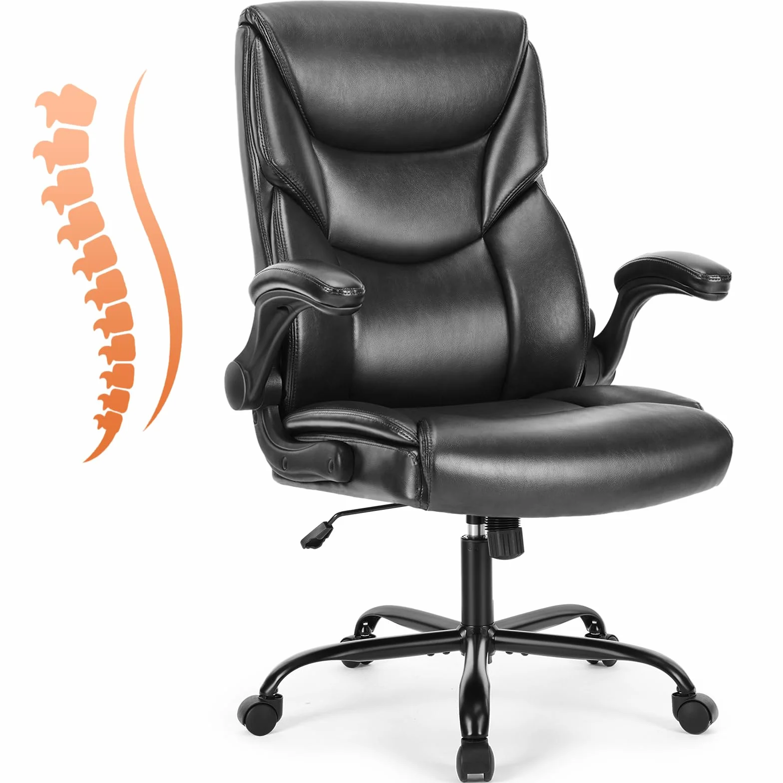 Sweetcrispy Silla de Oficina ergonómica de Piel sintética con reposabrazos Plegables, ergonómica para Ordenador con Respaldo Alto, para Videojuegos, para el Trabajo, Descanso, Color Negro