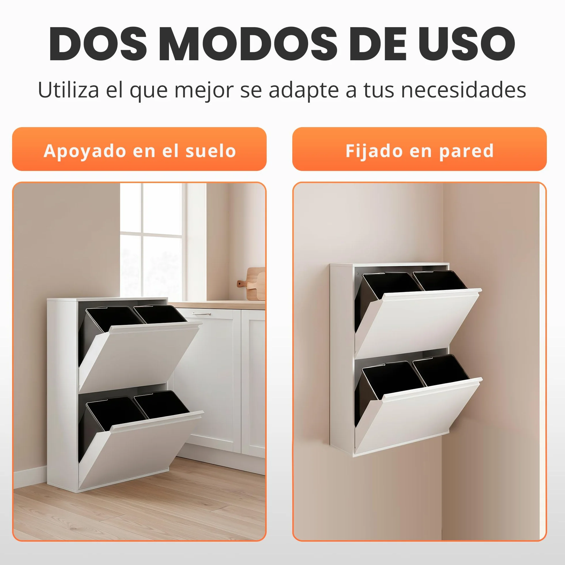 JUPPLIES Cubo de Basura Cocina Reciclaje de Acero con 4 Compartimentos | 4x17 (68L) | Mueble Contenedor de Reciclaje Metálico con 2 Cajones Abatibles para Casa u Oficina | 90,5x58,5x52cm