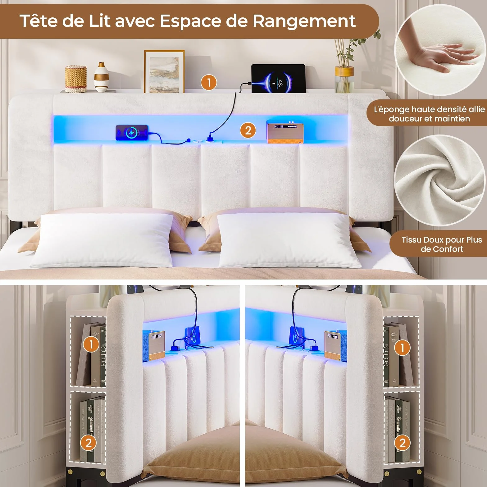 AOGLLATI Cama Matrimonial 140x190 con Almacenamiento Hidráulico Cama Juvenil con Cabecero Cama Multifuncional Cama Canape 140x190 con LED y Carga Integrada Estantería Lateral Cama Terciopelo Beige