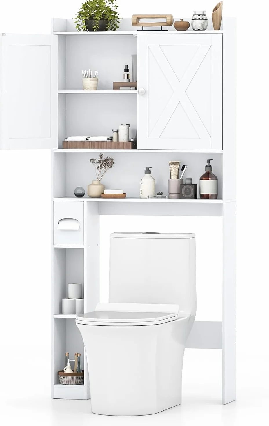 GIANTEX Mueble sobre Inodoro, Armario de Baño con Puertas, Compartimentos Abiertos y Soporte para Papel Higiénico, Estante Inferior Ajustable, 81,5x19,5x172,5cm, Organizador para Lavandería (Blanco)